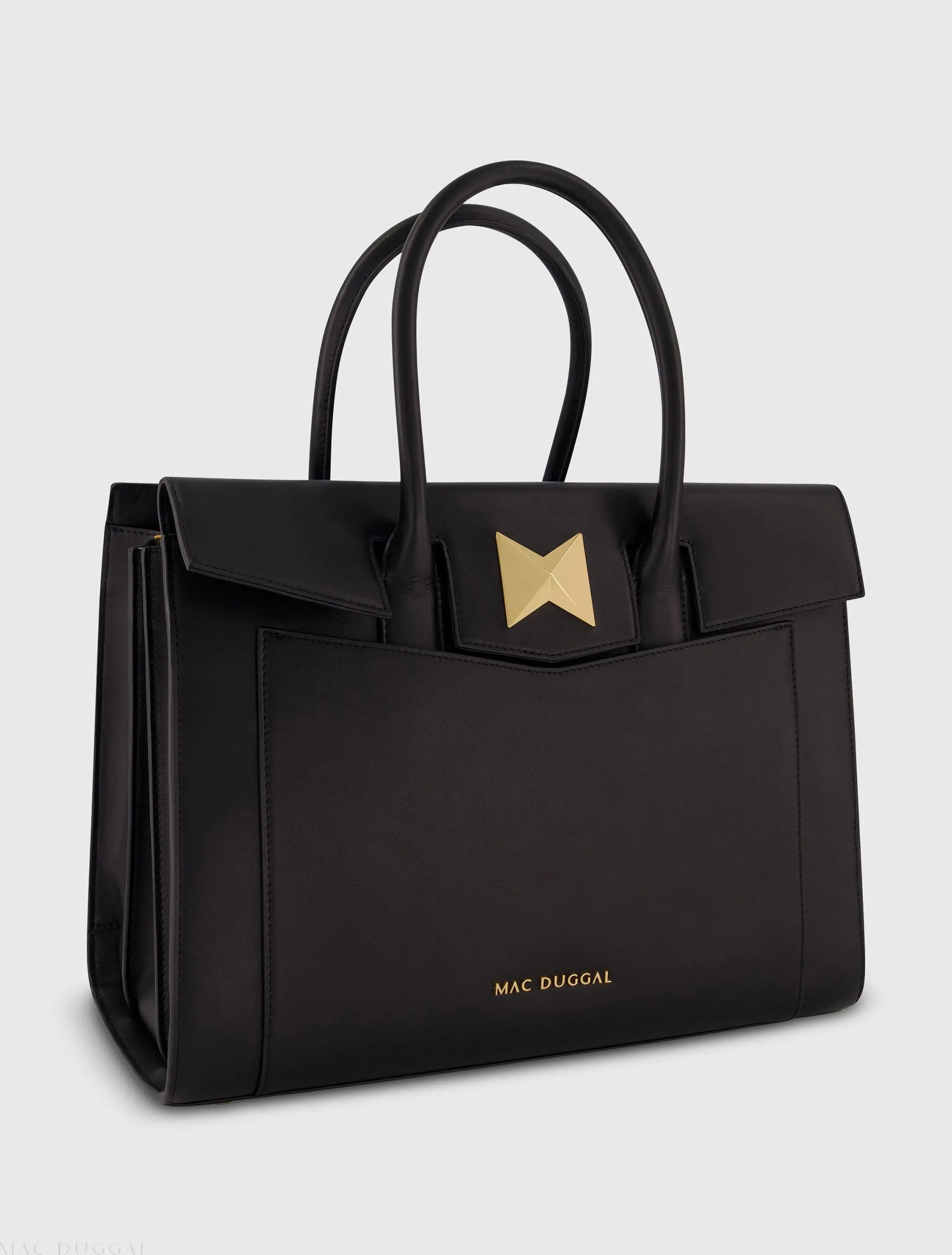 Black Large Leather Briefcase Bag With Gold Hardware - Mac Duggal