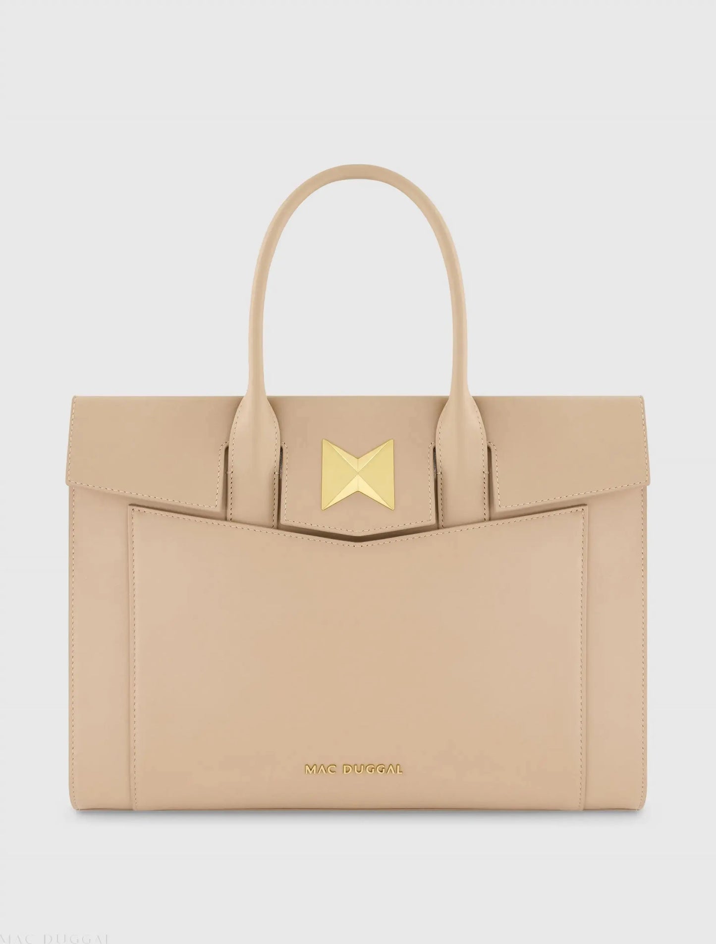Beige Large Leather Briefcase Bag With Gold Hardware - Mac Duggal