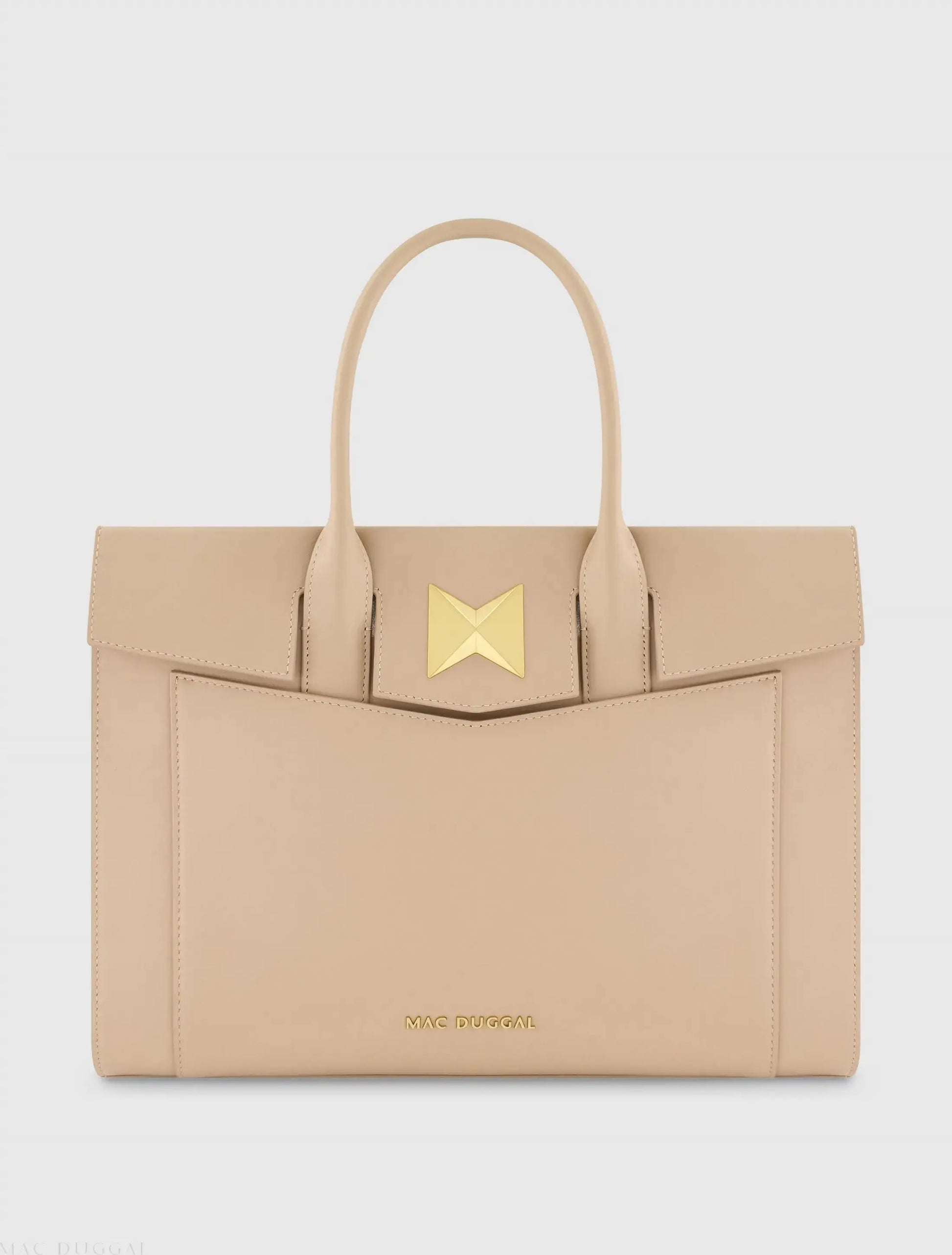 Beige Large Leather Briefcase Bag With Gold Hardware - Mac Duggal