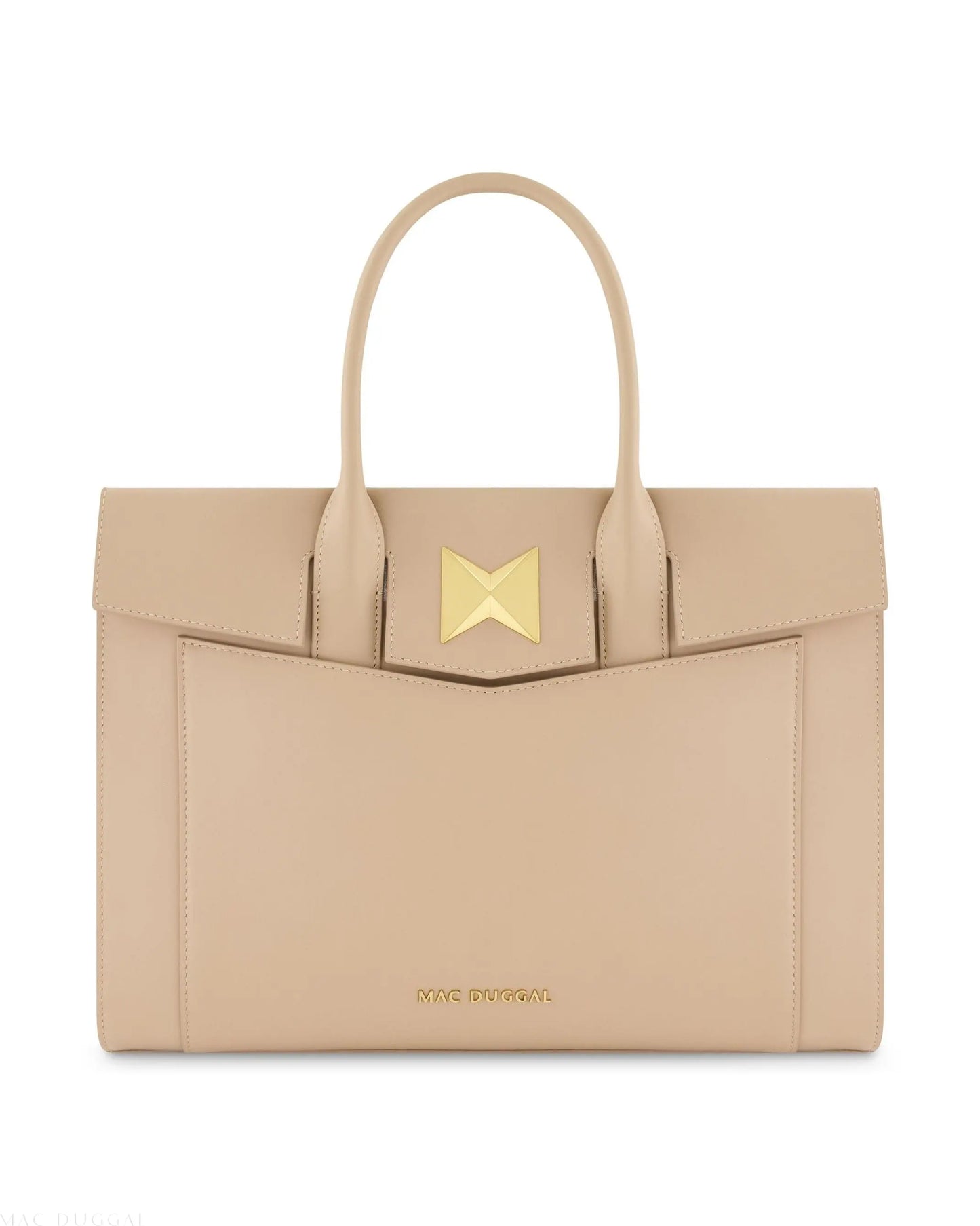 Beige Large Leather Briefcase Bag With Gold Hardware - Mac Duggal