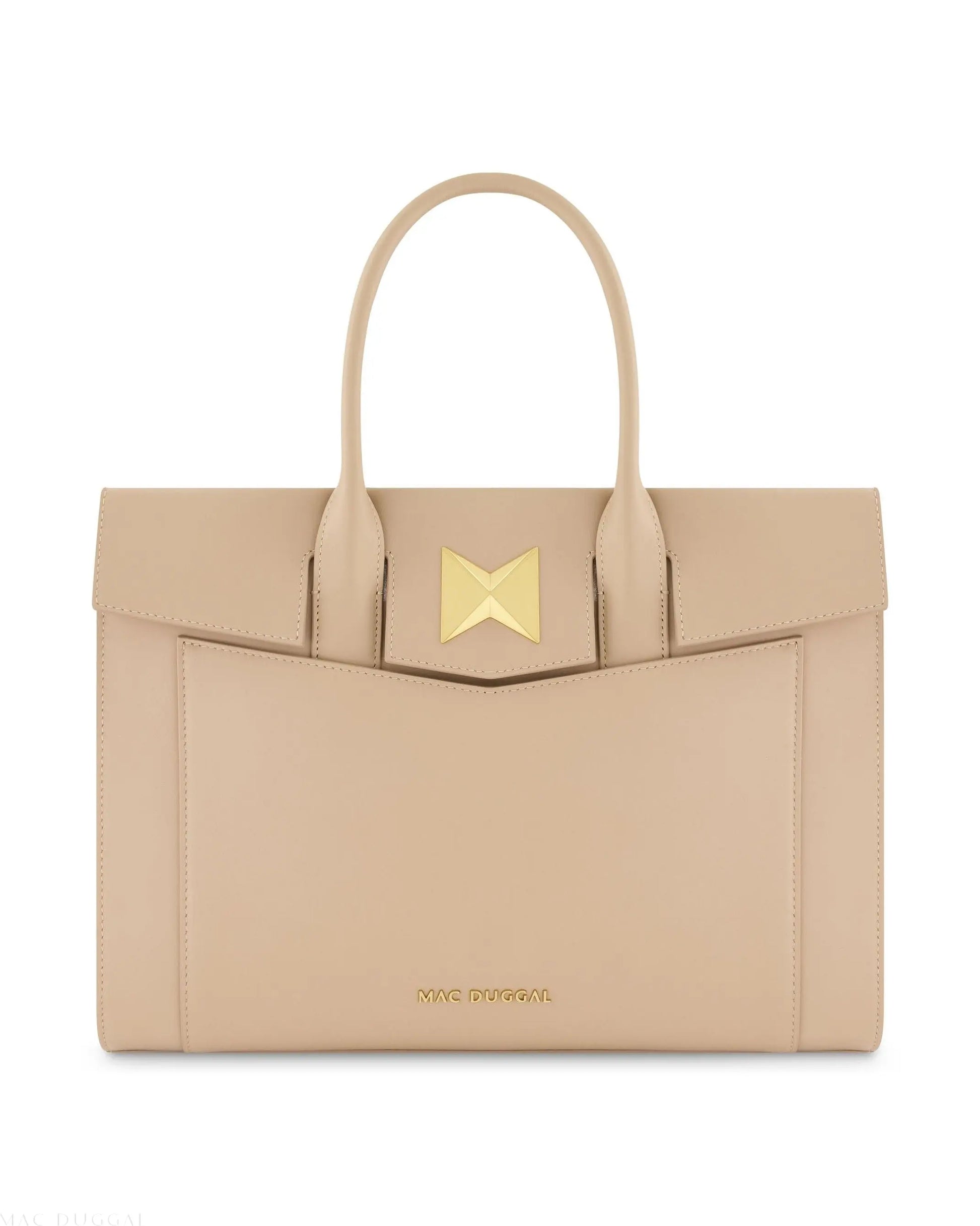 Beige Large Leather Briefcase Bag With Gold Hardware - Mac Duggal