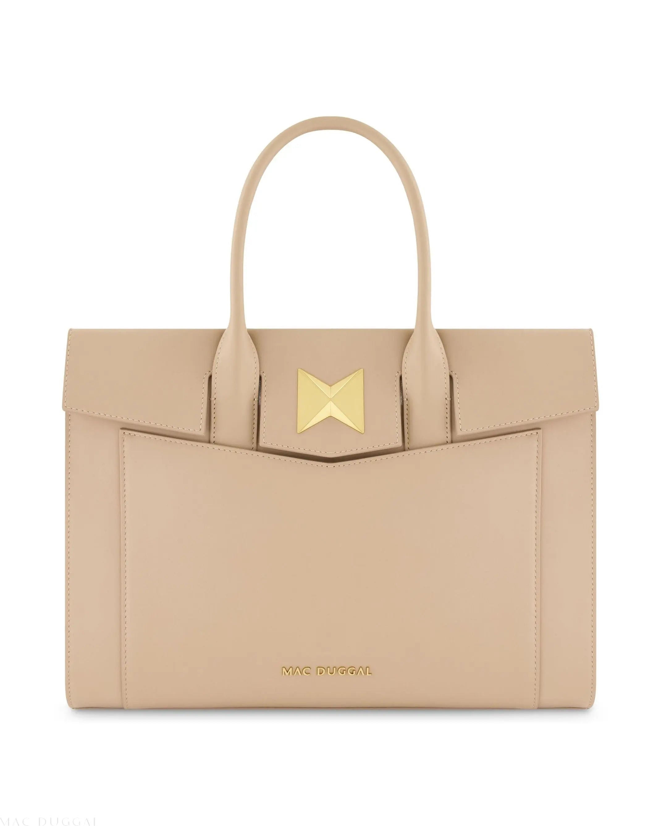 Beige Large Leather Briefcase Bag With Gold Hardware - Mac Duggal