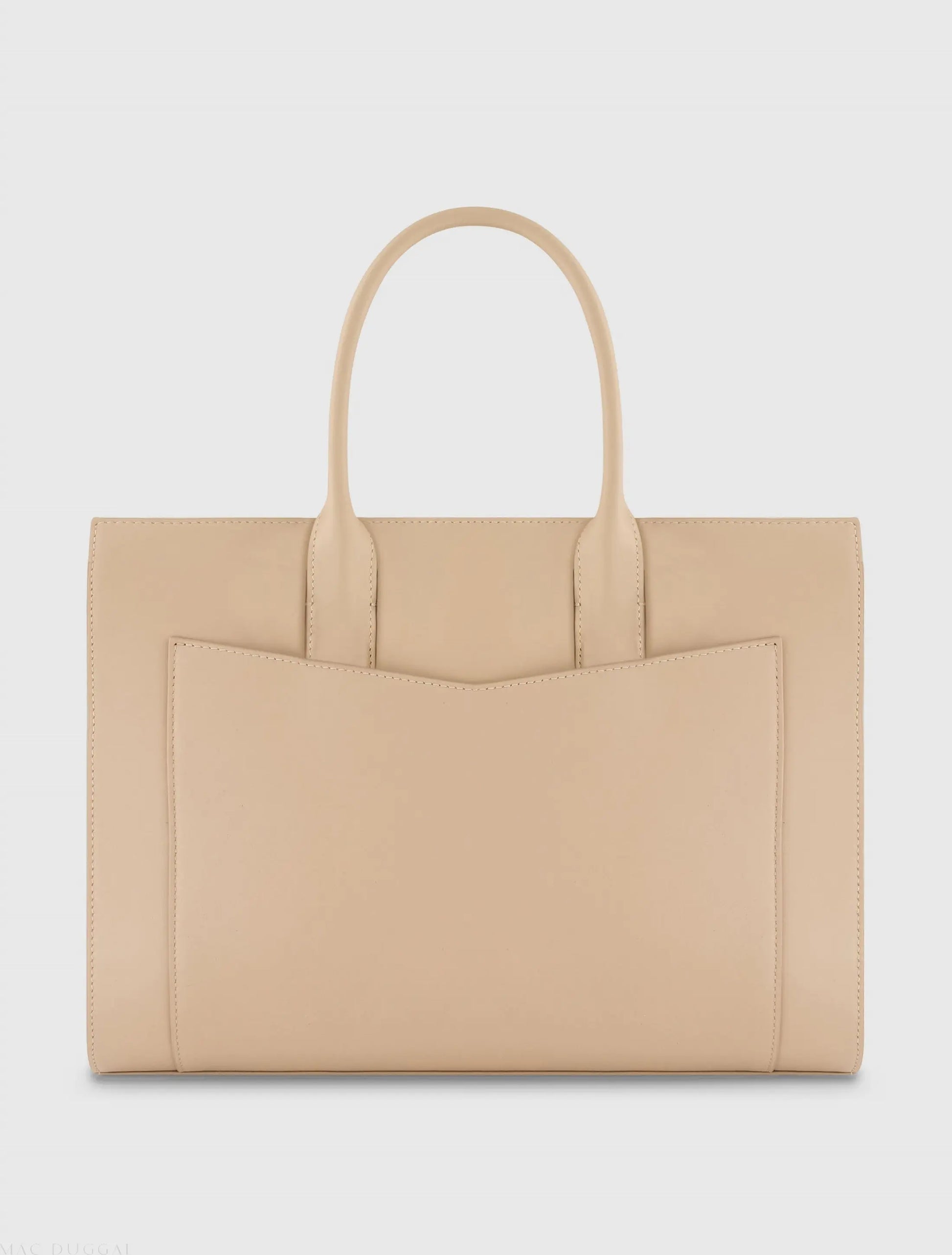 Beige Large Leather Briefcase Bag With Gold Hardware - Mac Duggal