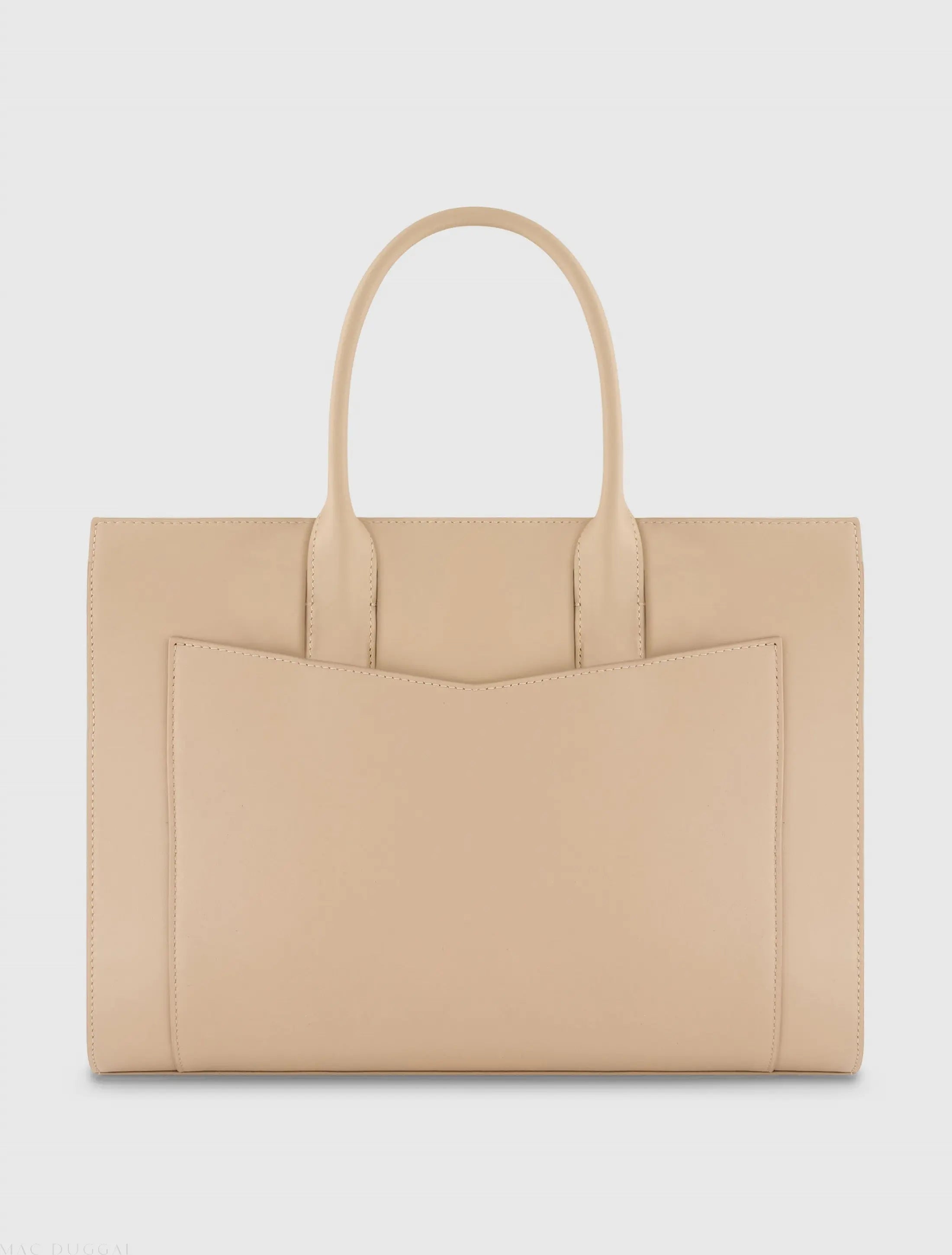 Beige Large Leather Briefcase Bag With Gold Hardware - Mac Duggal