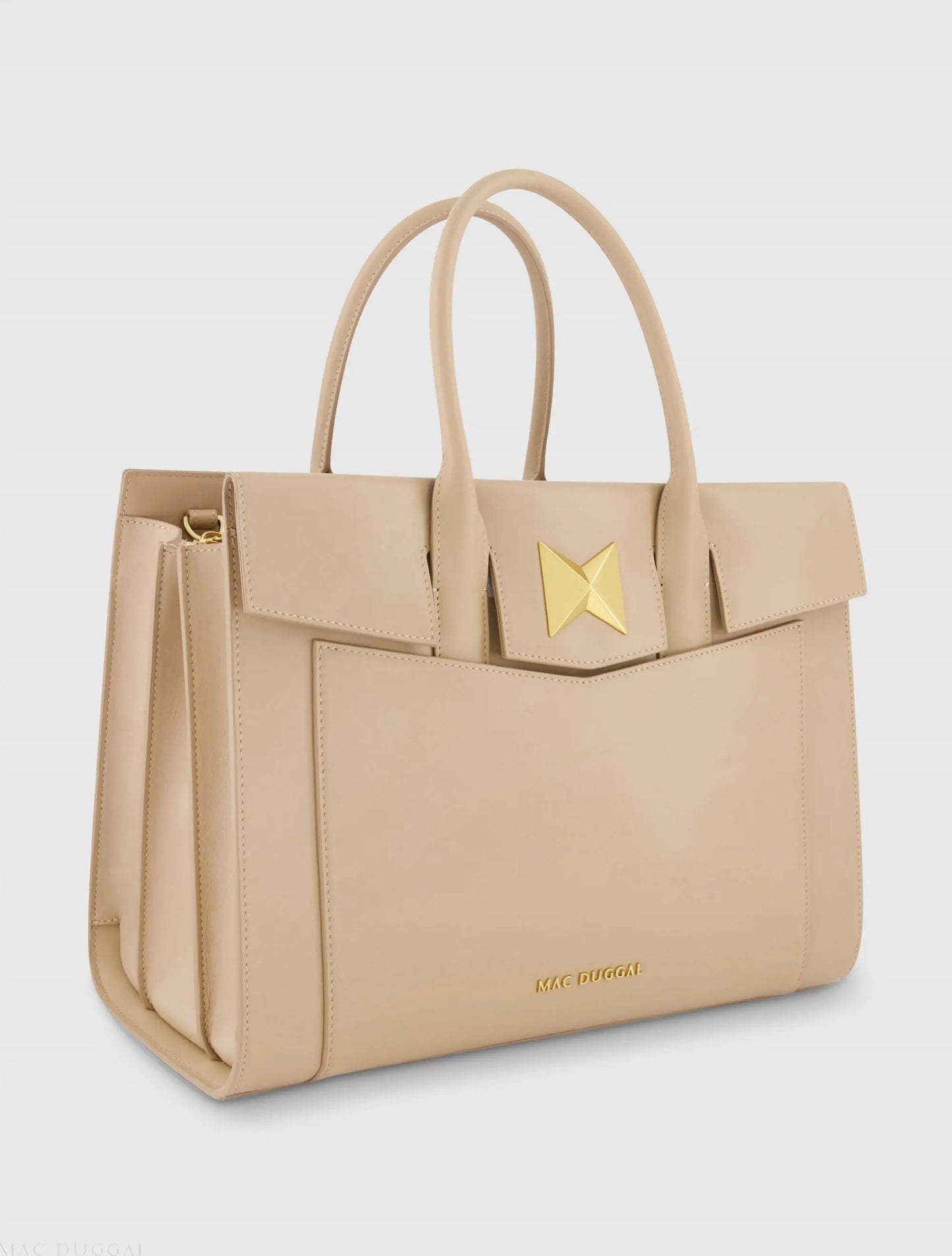 Beige Large Leather Briefcase Bag With Gold Hardware - Mac Duggal