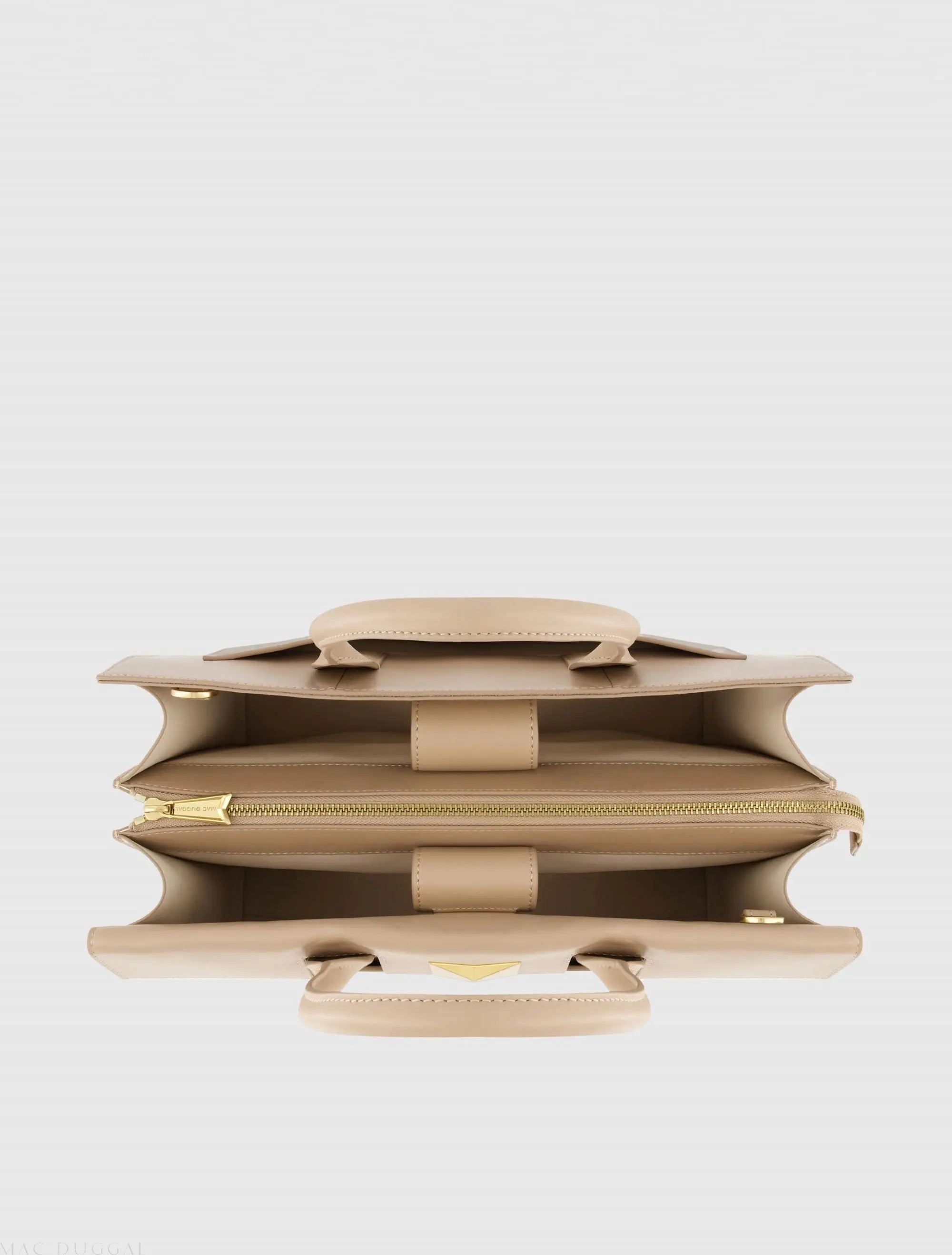 Beige Large Leather Briefcase Bag With Gold Hardware - Mac Duggal