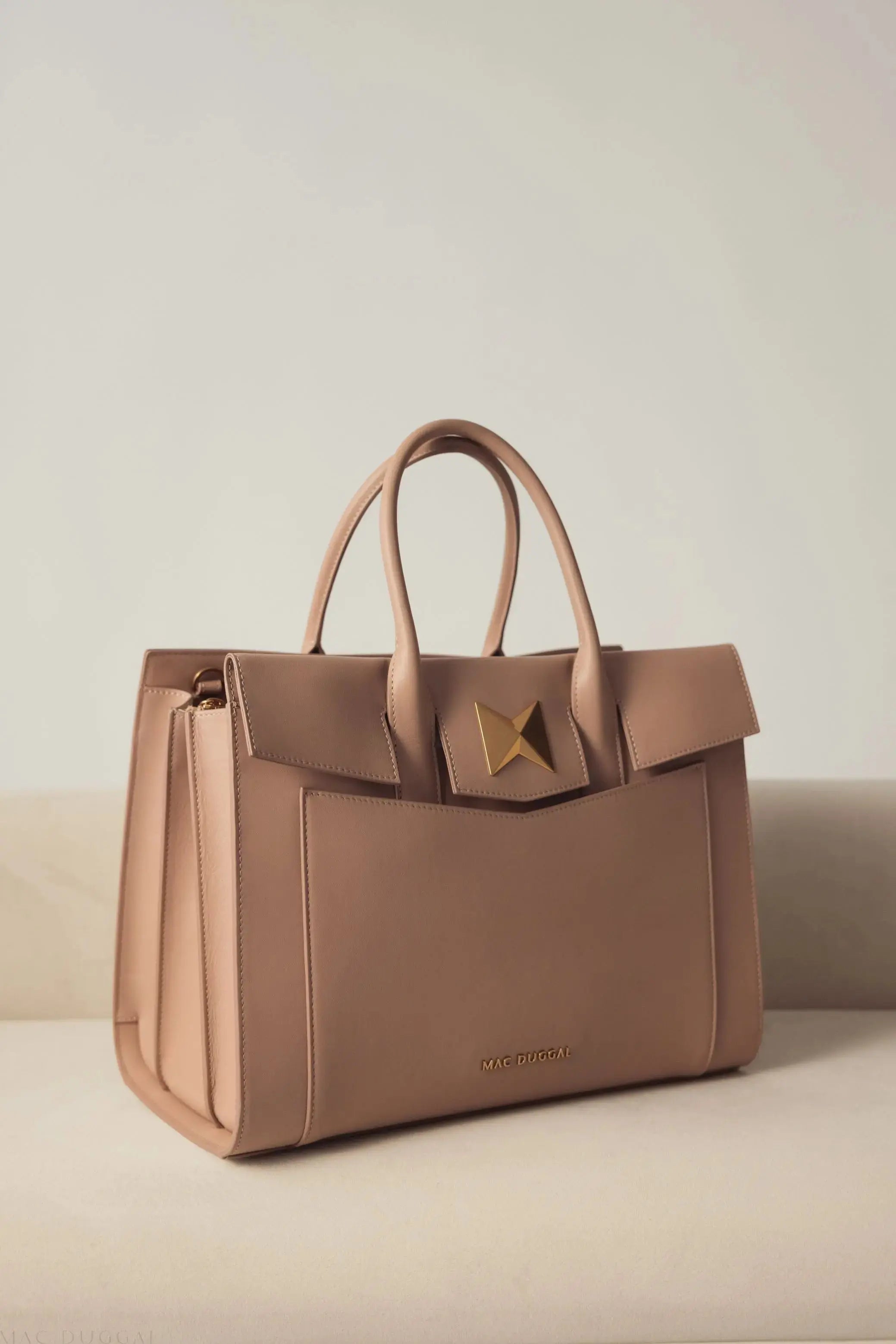 Beige Large Leather Briefcase Bag With Gold Hardware - Mac Duggal