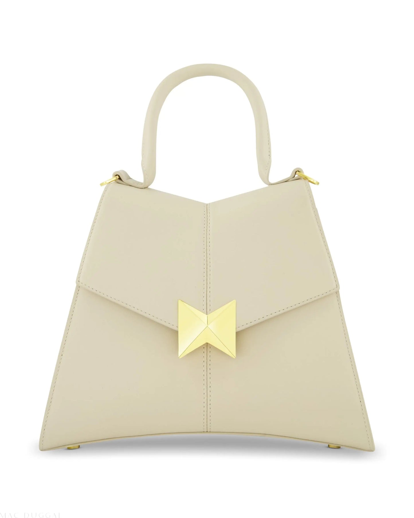 White Medium Angular Leather Handbag With Gold Hardware - Mac Duggal