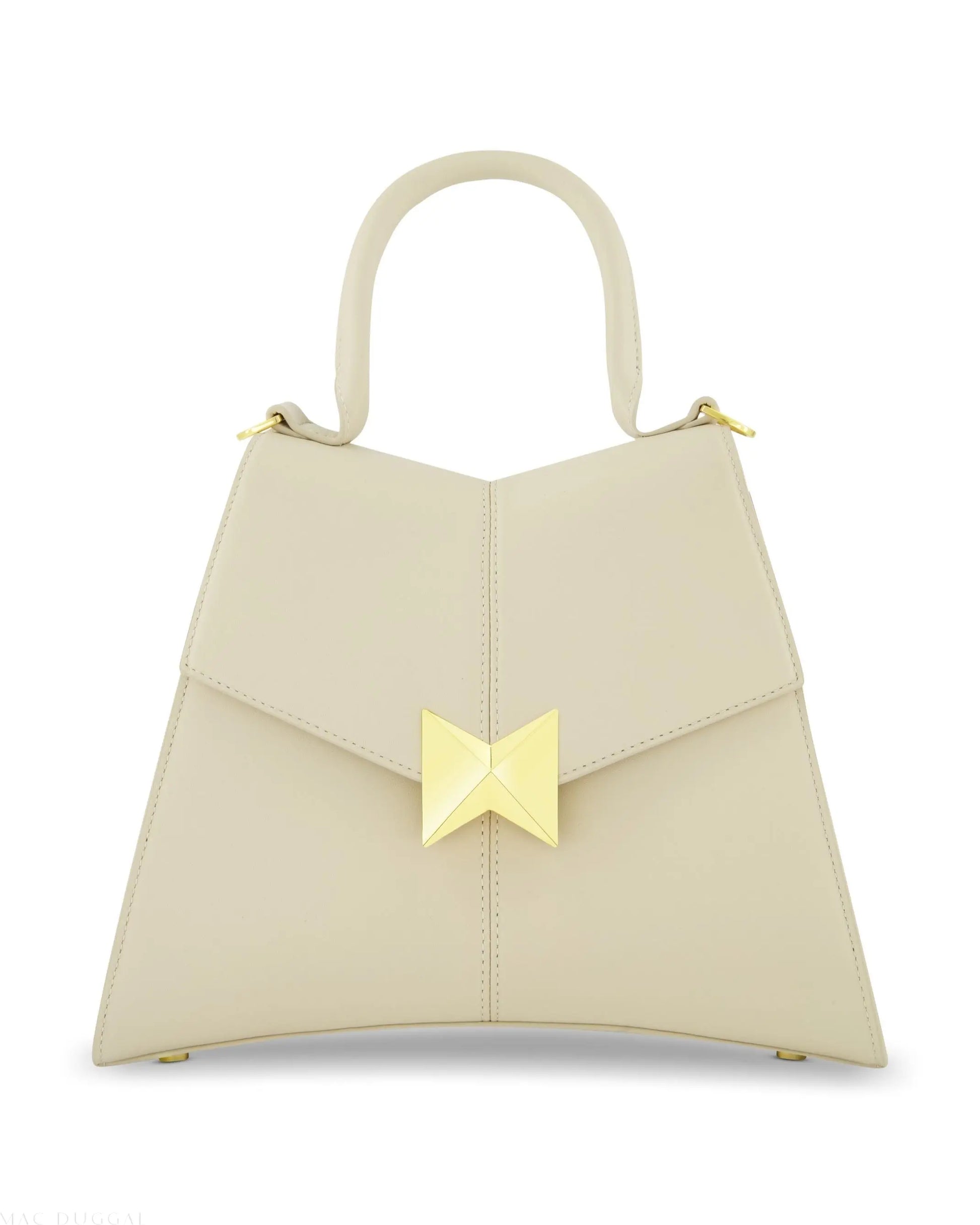 White Medium Angular Leather Handbag With Gold Hardware - Mac Duggal