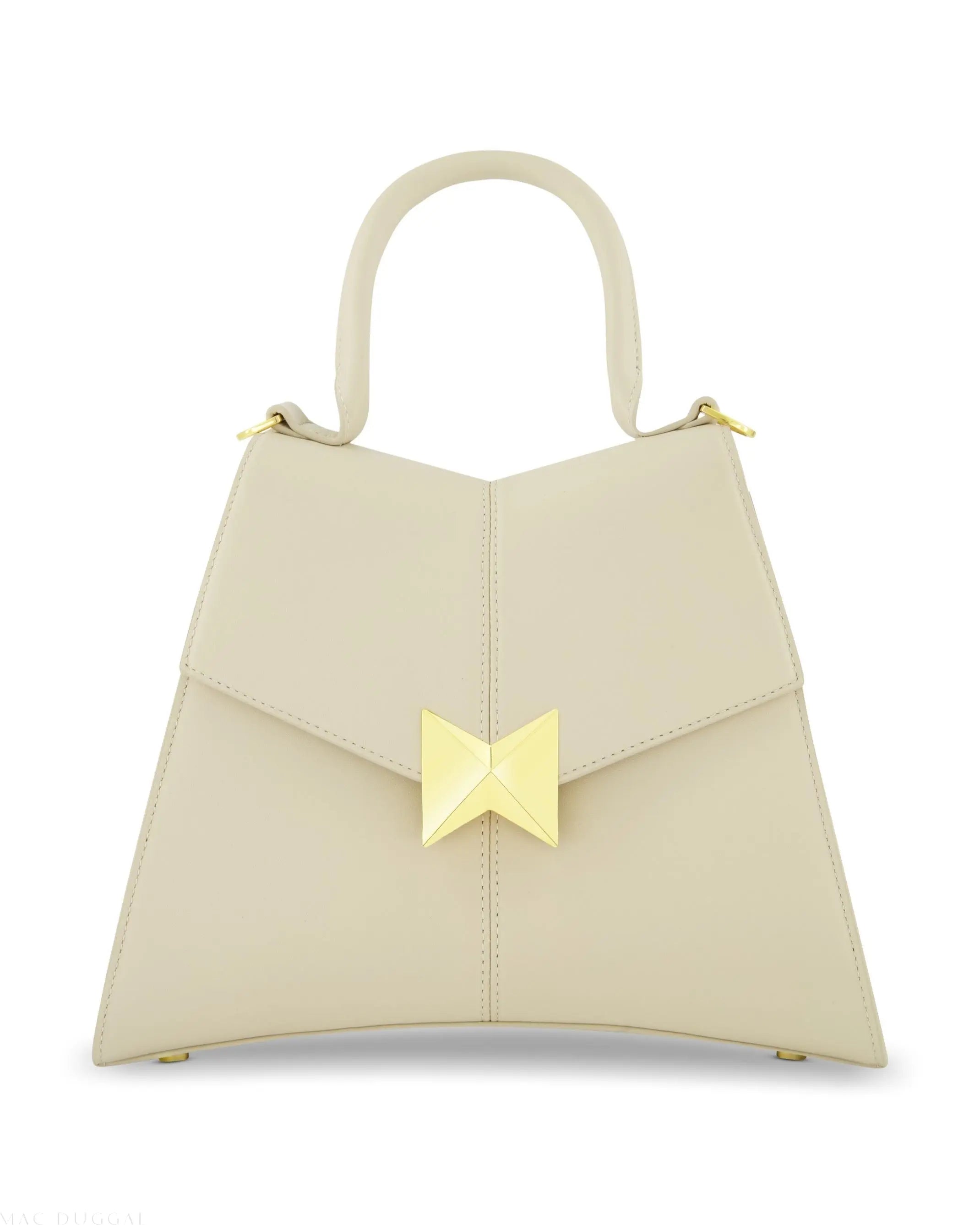 White Medium Angular Leather Handbag With Gold Hardware - Mac Duggal