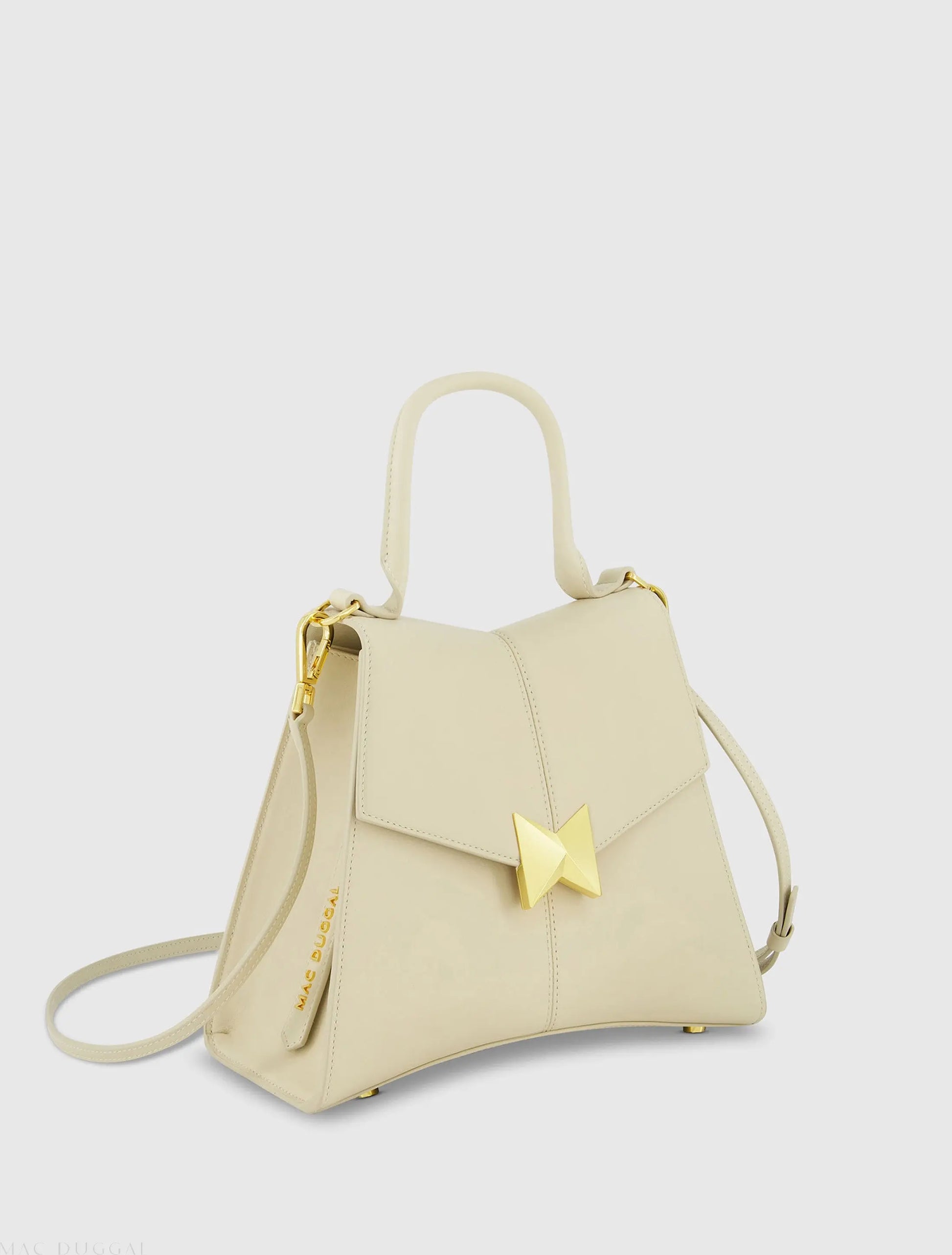 White Medium Angular Leather Handbag With Gold Hardware - Mac Duggal