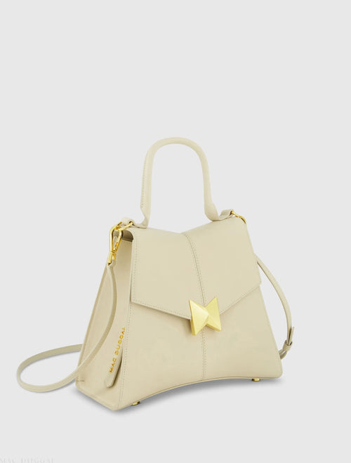 White Medium Angular Leather Handbag With Gold Hardware - Mac Duggal
