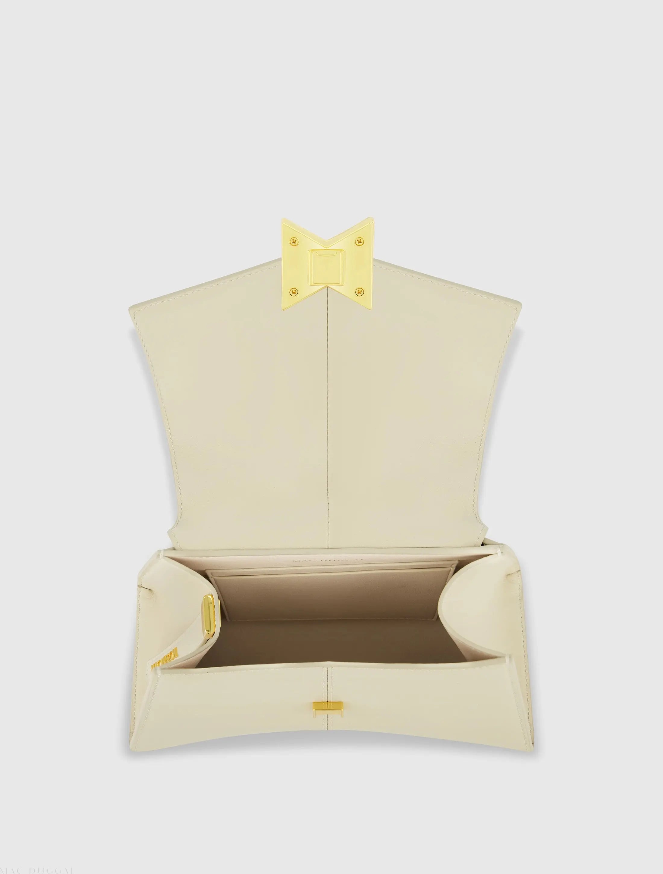 White Medium Angular Leather Handbag With Gold Hardware - Mac Duggal