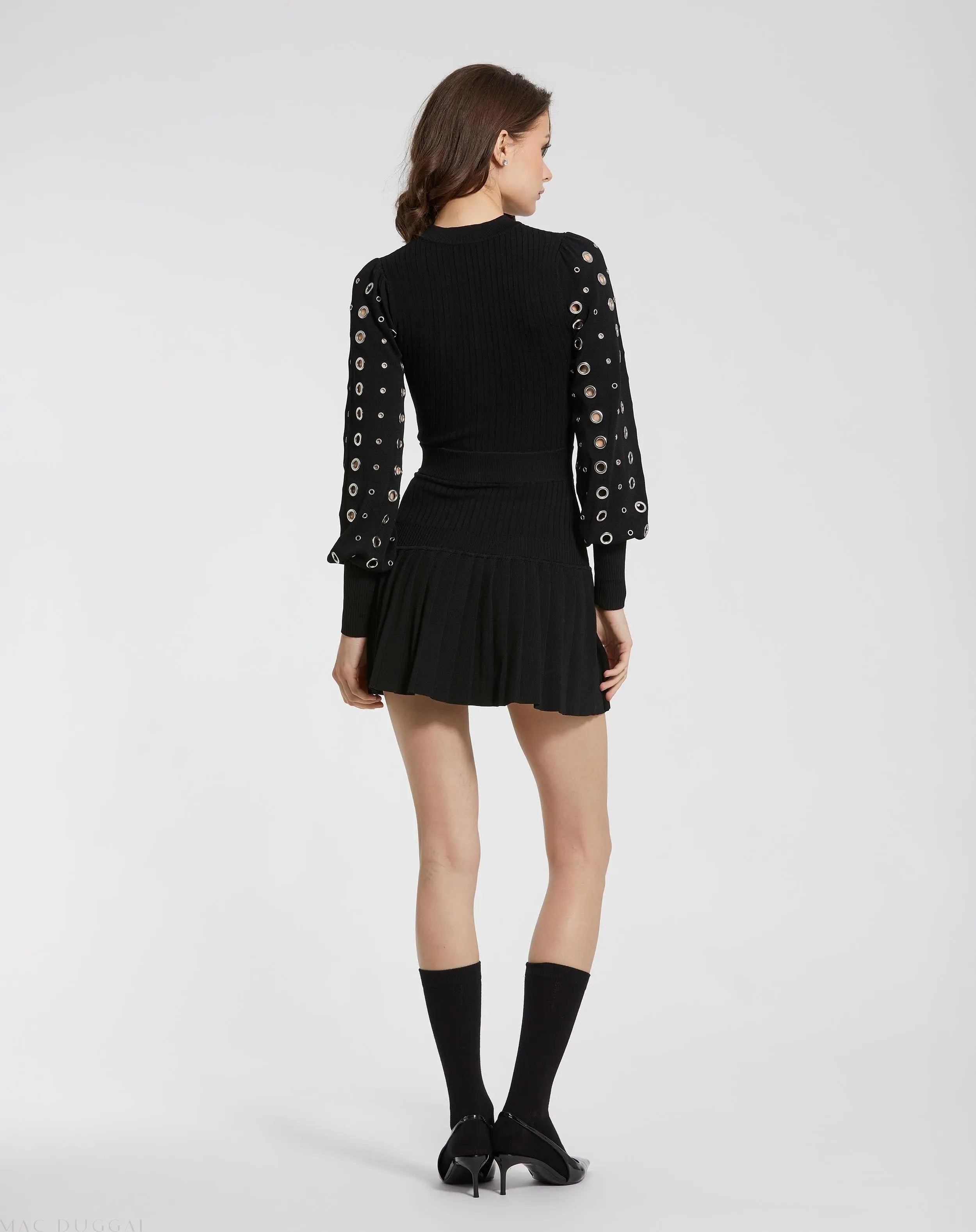 Black Knit Long Sleeve Grommet Mini Dress - Mac Duggal