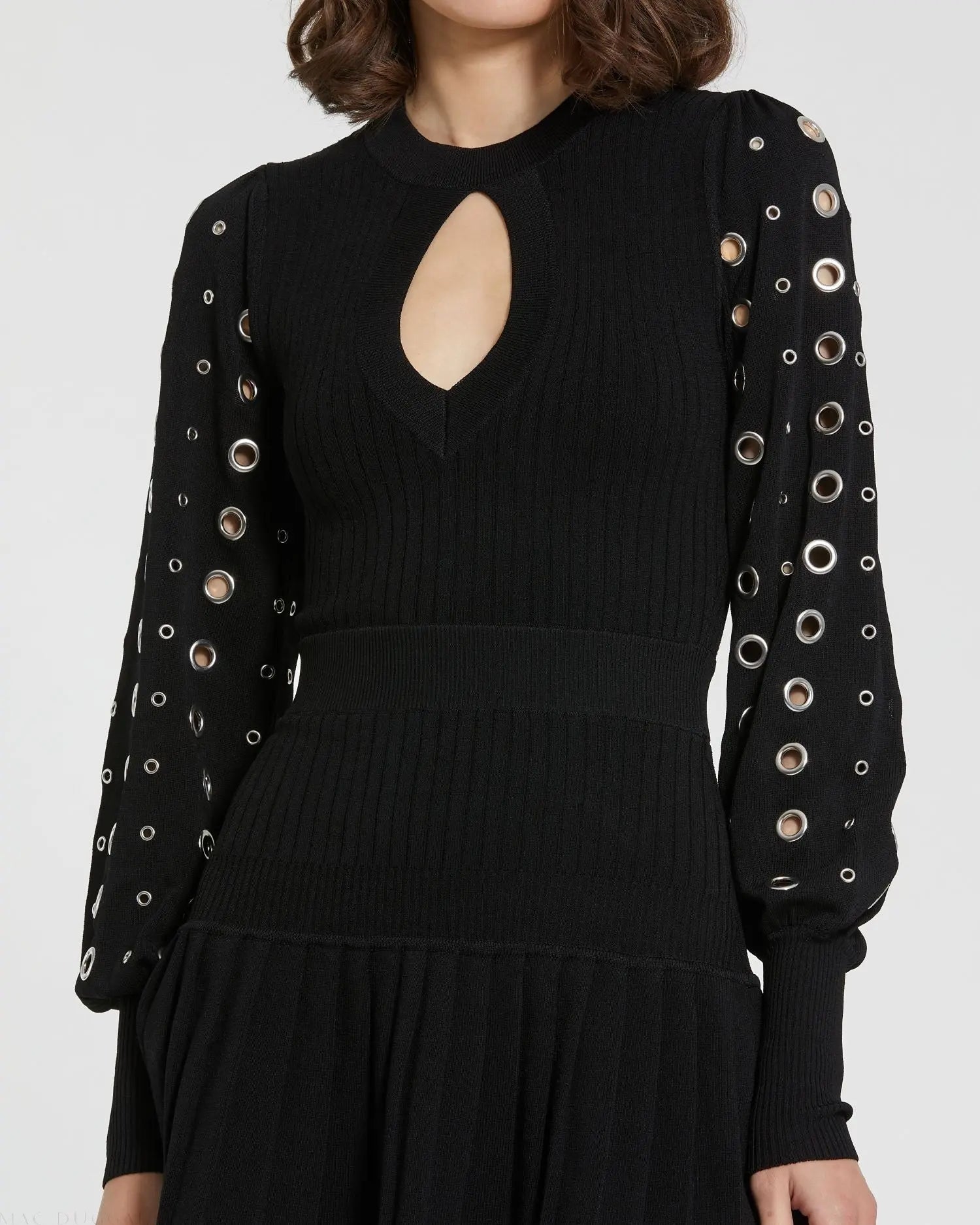 Black Knit Long Sleeve Grommet Mini Dress | Mac Duggal Black Knit Long Sleeve Grommet Mini Dress | Mac Duggal