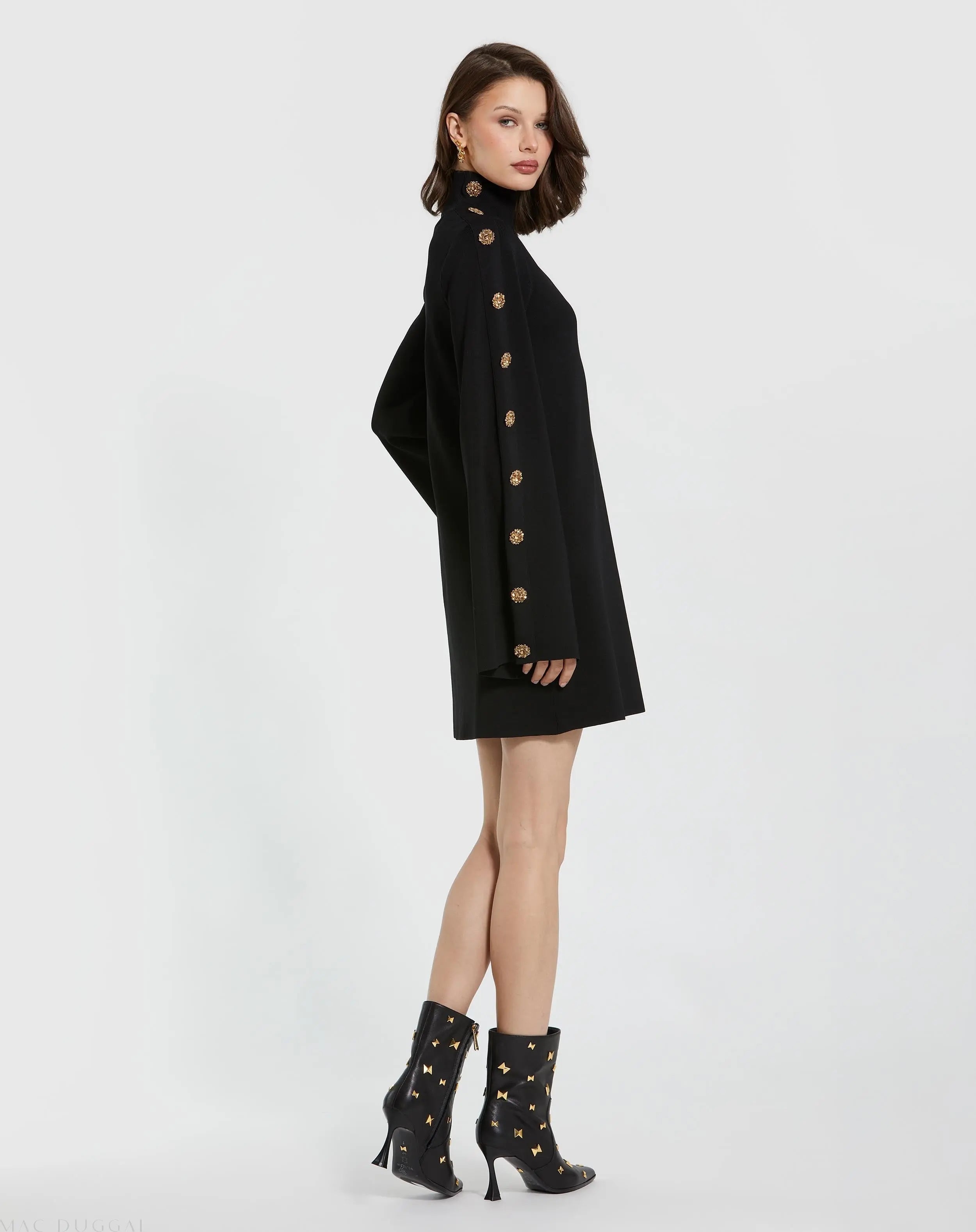 Black Long Sleeve Mini Knit Dress With Sleeve Detail - Mac Duggal