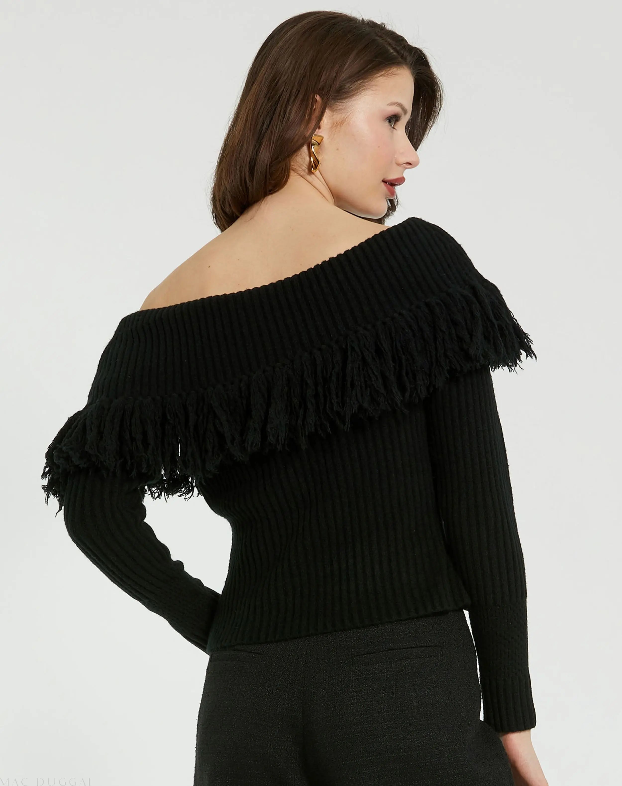 Off The Shoulder Fringe Knit Sweater - FINAL SALE - Mac Duggal