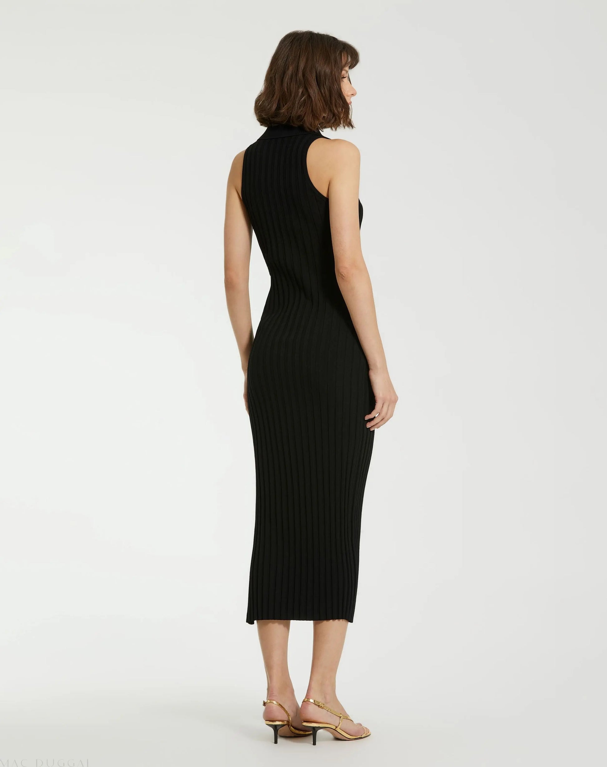 Black Rib Knit Collared Sleeveless Fitted Maxi Dress - FINAL SALE - Mac Duggal Black Rib Knit Collared Sleeveless Fitted Maxi Dress - FINAL SALE - Mac Duggal