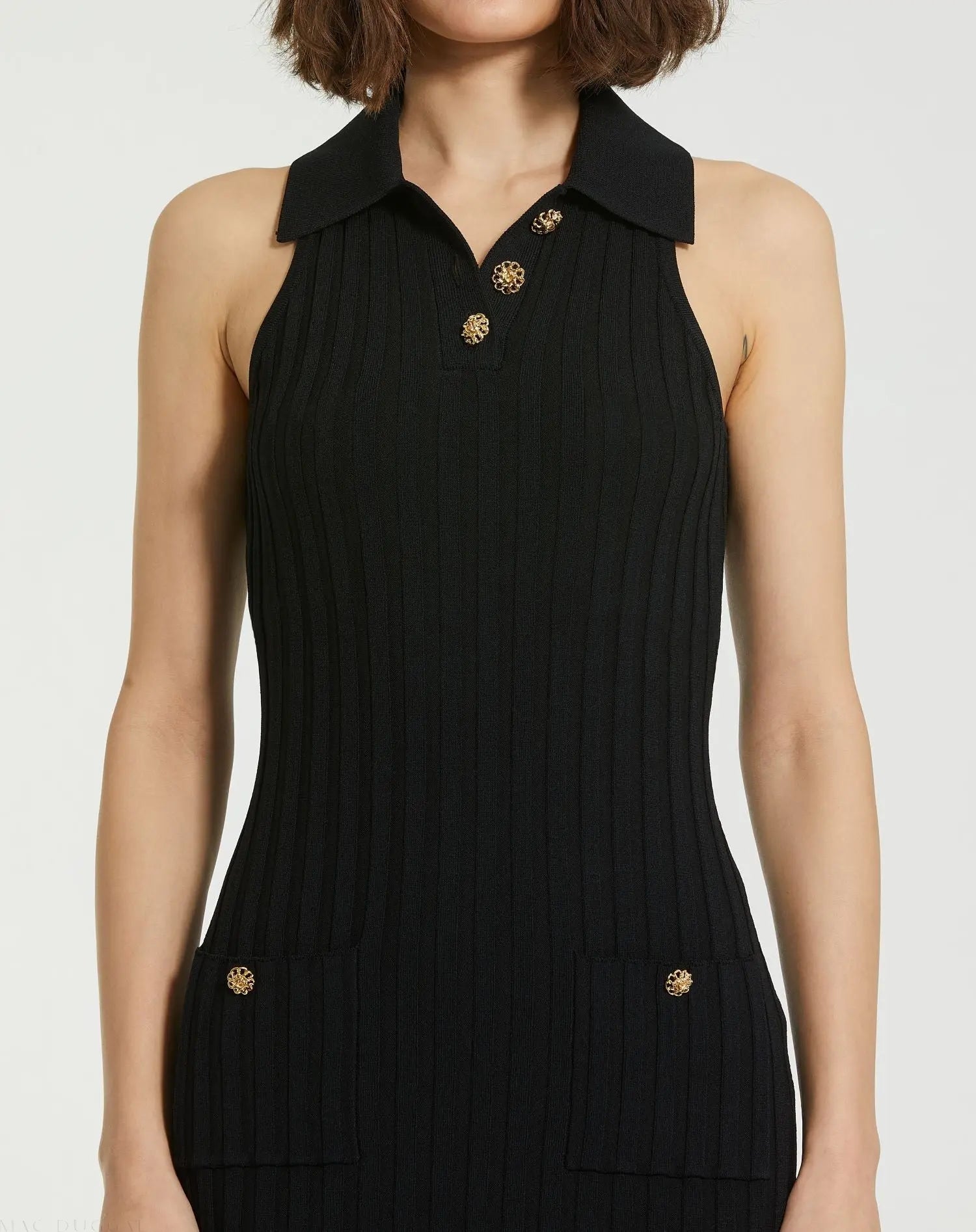 Black Rib Knit Collared Sleeveless Fitted Maxi Dress - FINAL SALE - Mac Duggal