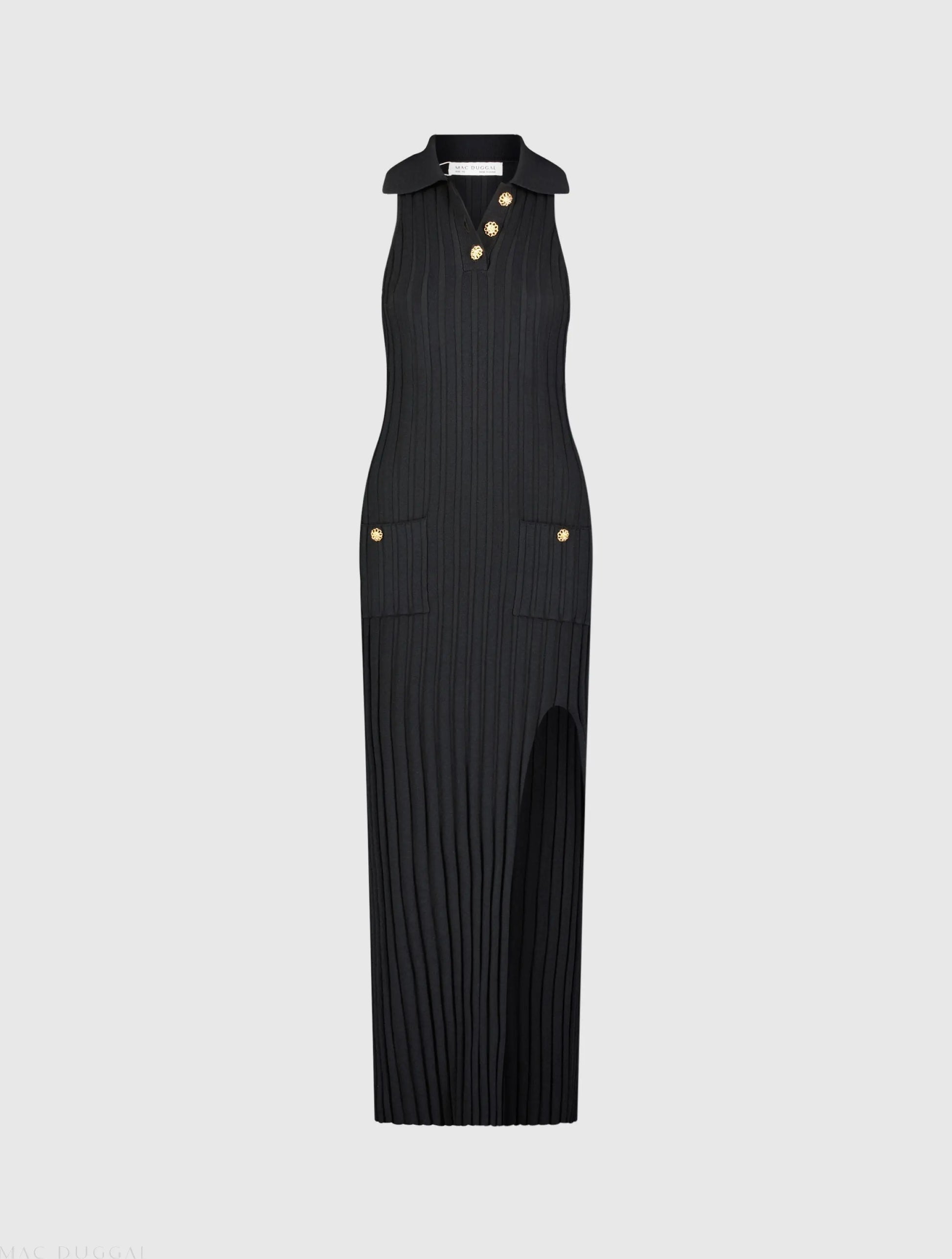 Black Rib Knit Collared Sleeveless Fitted Maxi Dress - FINAL SALE - Mac Duggal Black Rib Knit Collared Sleeveless Fitted Maxi Dress - FINAL SALE - Mac Duggal