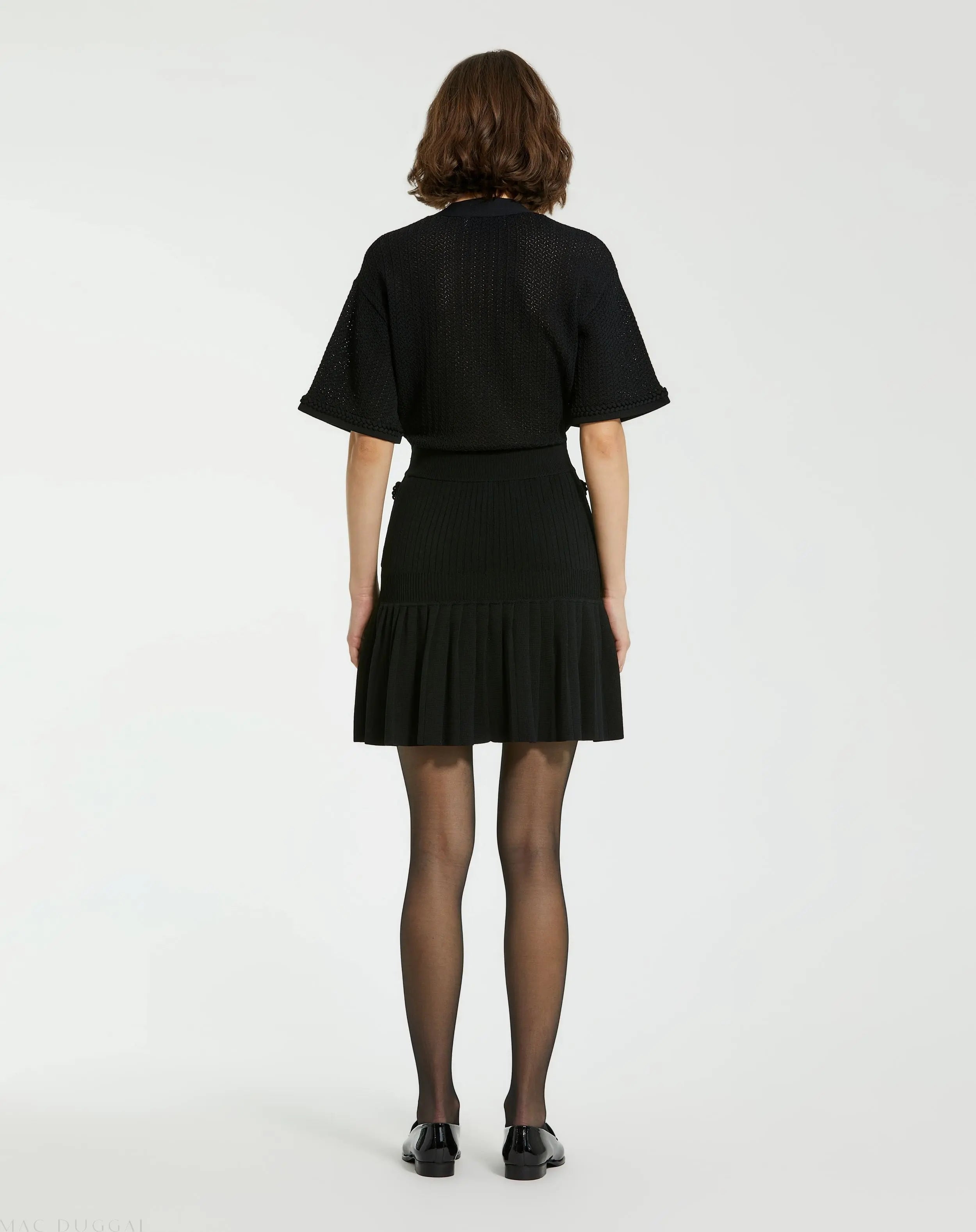 Black Short Sleeve Gold Button Front Crochet Knit Dress with Pleated Hem - FINAL SALE - Mac Duggal