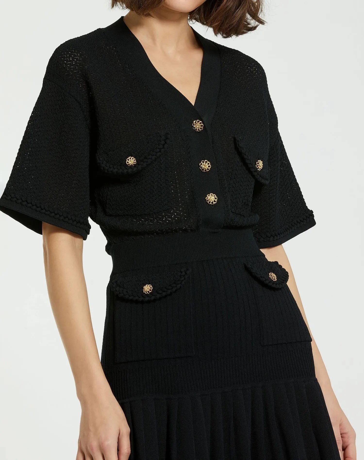 Black Short Sleeve Gold Button Front Crochet Knit Dress with Pleated Mac Duggal Black Short Sleeve Gold Button Front Crochet Knit Dress with Pleated Mac Duggal
