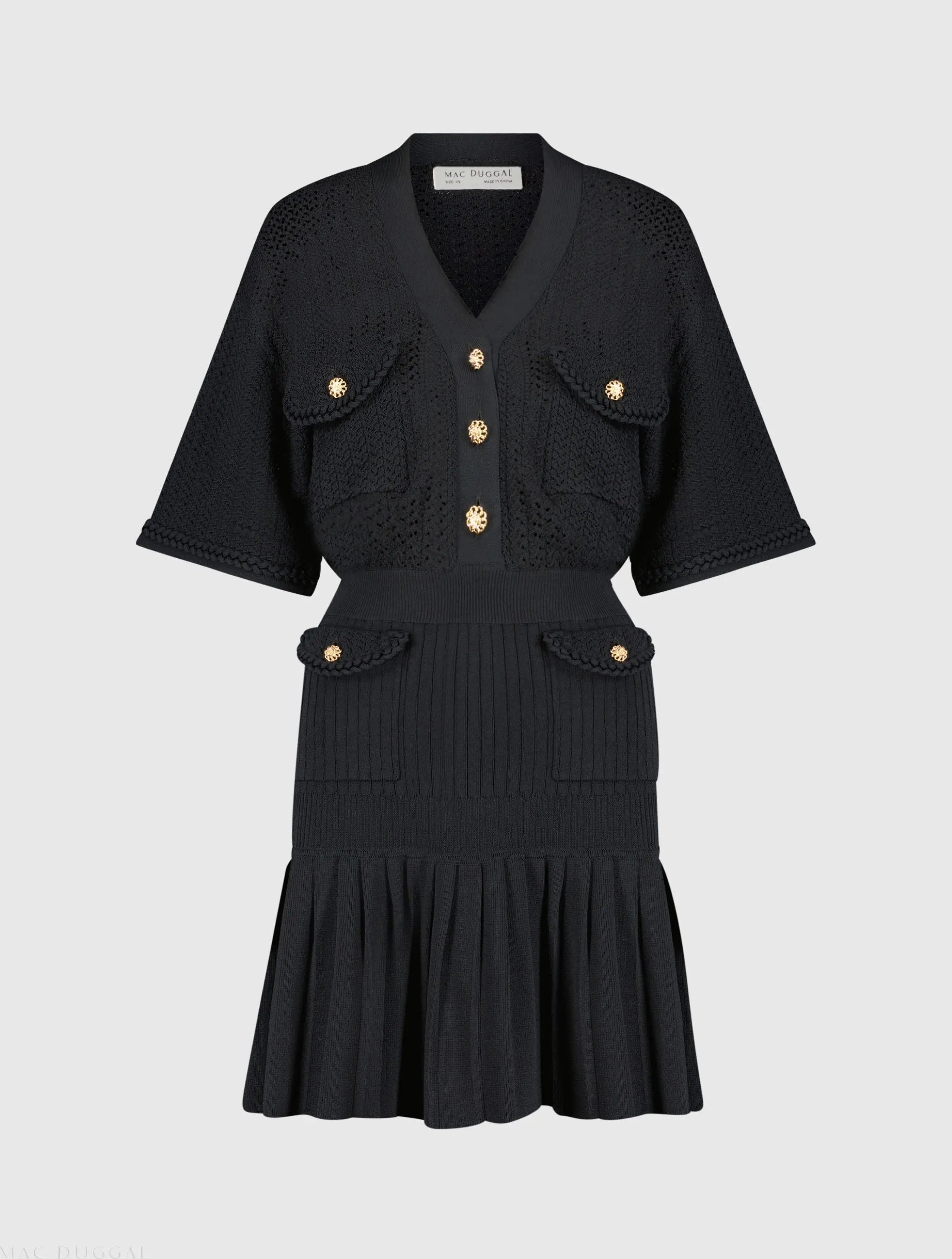 Black Short Sleeve Gold Button Front Crochet Knit Dress with Pleated Mac Duggal Black Short Sleeve Gold Button Front Crochet Knit Dress with Pleated Mac Duggal