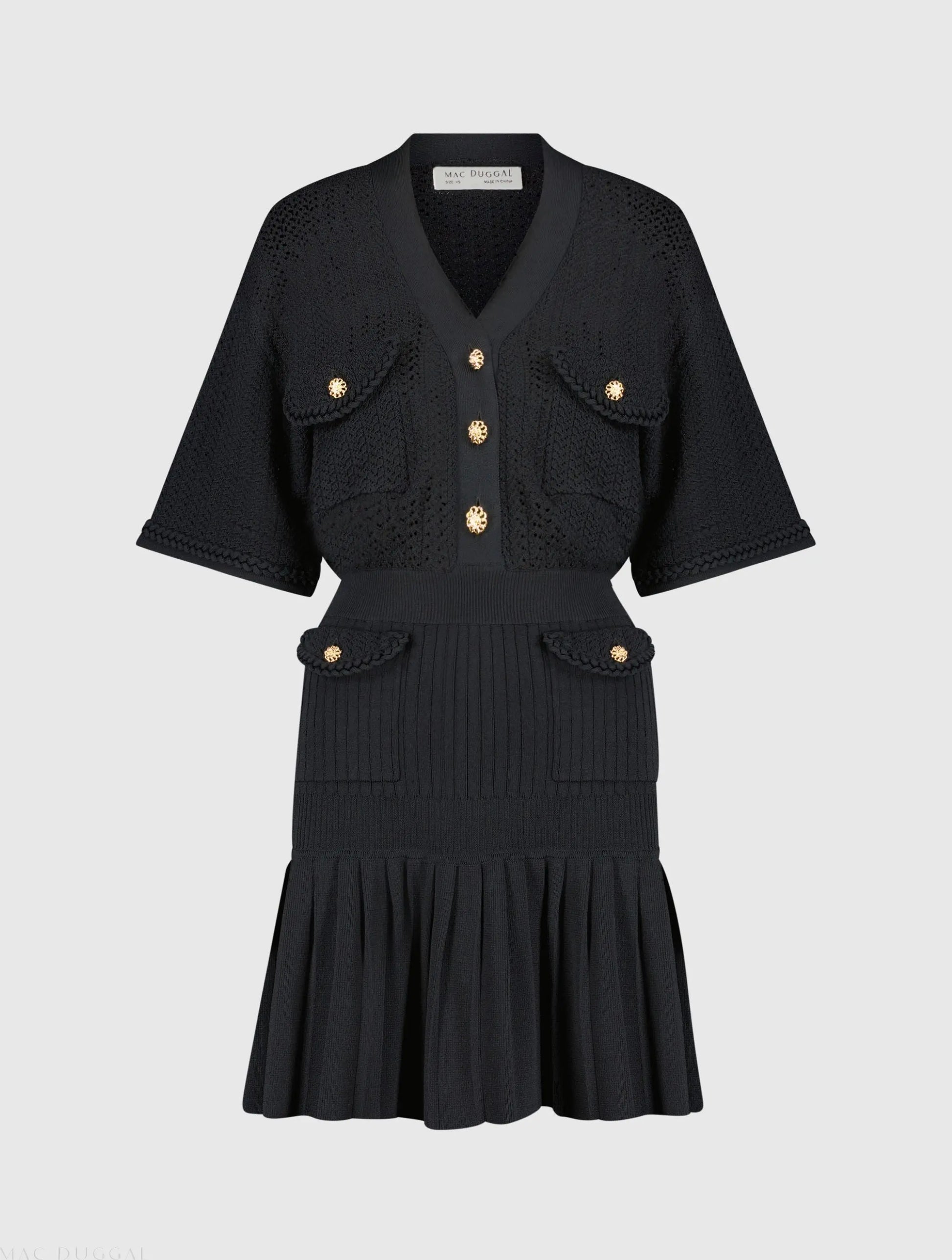 Black Short Sleeve Gold Button Front Crochet Knit Dress with Pleated Mac Duggal Black Short Sleeve Gold Button Front Crochet Knit Dress with Pleated Mac Duggal