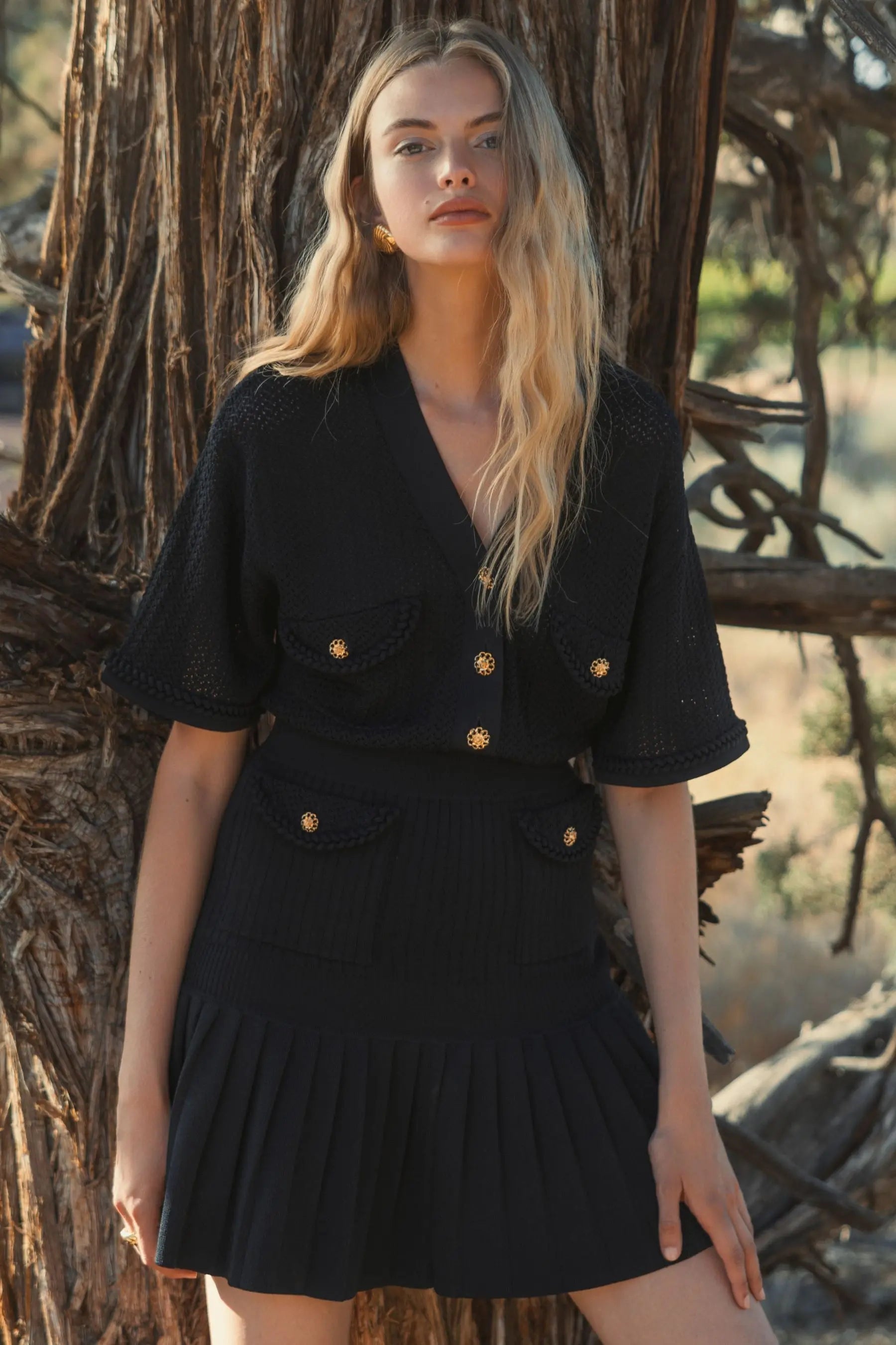 Black Short Sleeve Gold Button Front Crochet Knit Dress with Pleated Hem - FINAL SALE - Mac Duggal