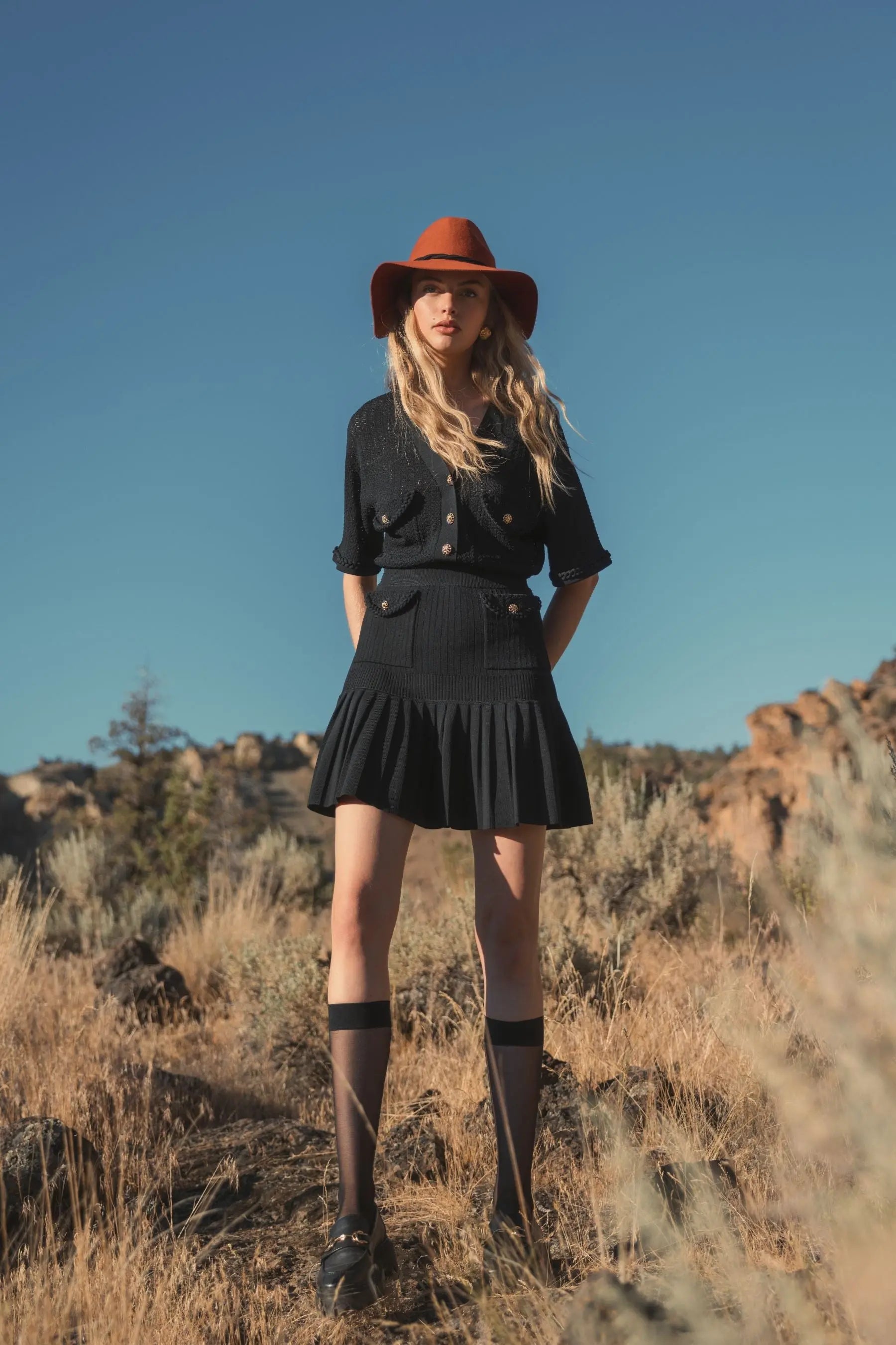 Black Short Sleeve Gold Button Front Crochet Knit Dress with Pleated Hem - FINAL SALE - Mac Duggal