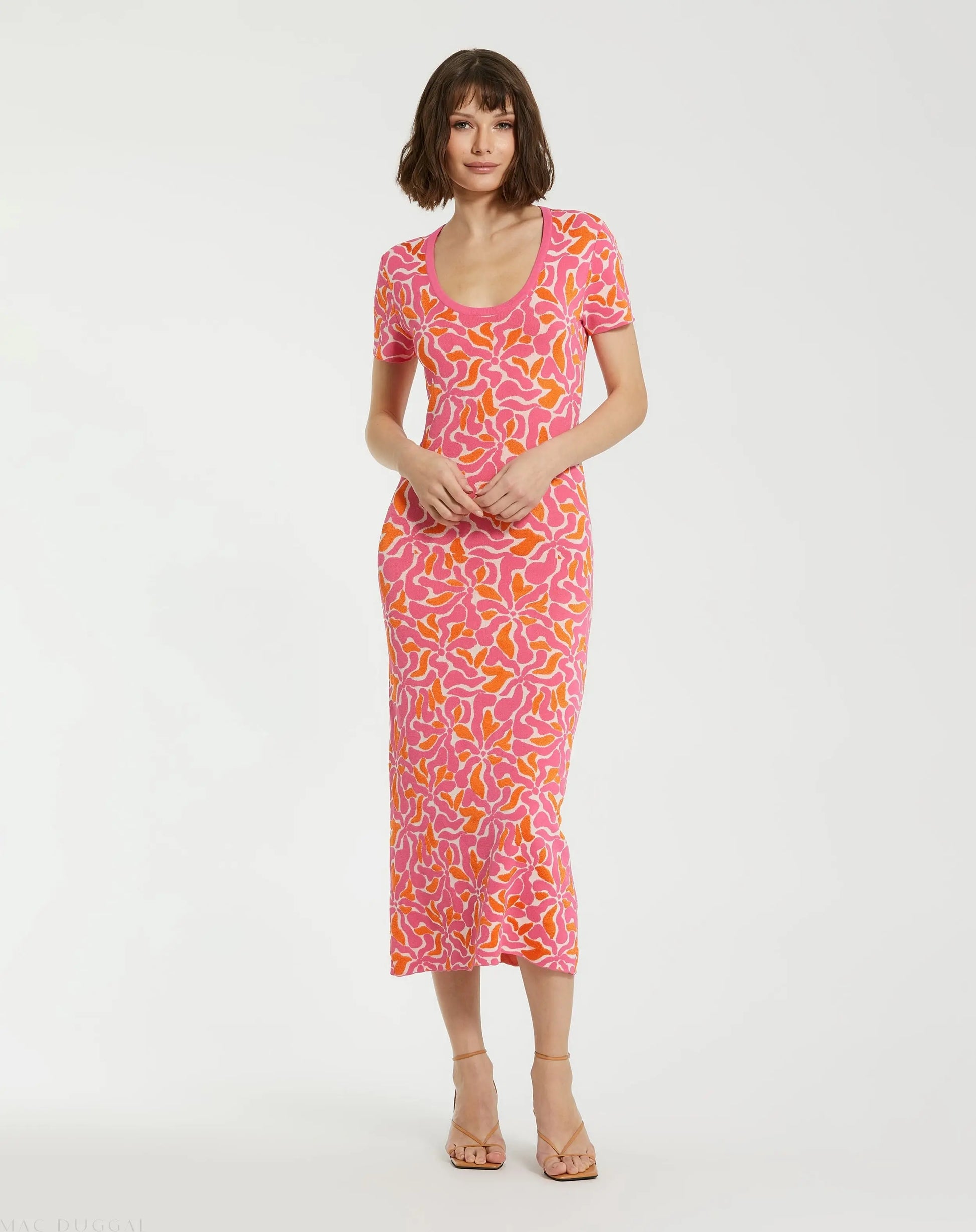 Pink Short Sleeve Scoop Neck Floral Knit Maxi Dress | Mac Duggal Pink Short Sleeve Scoop Neck Floral Knit Maxi Dress | Mac Duggal