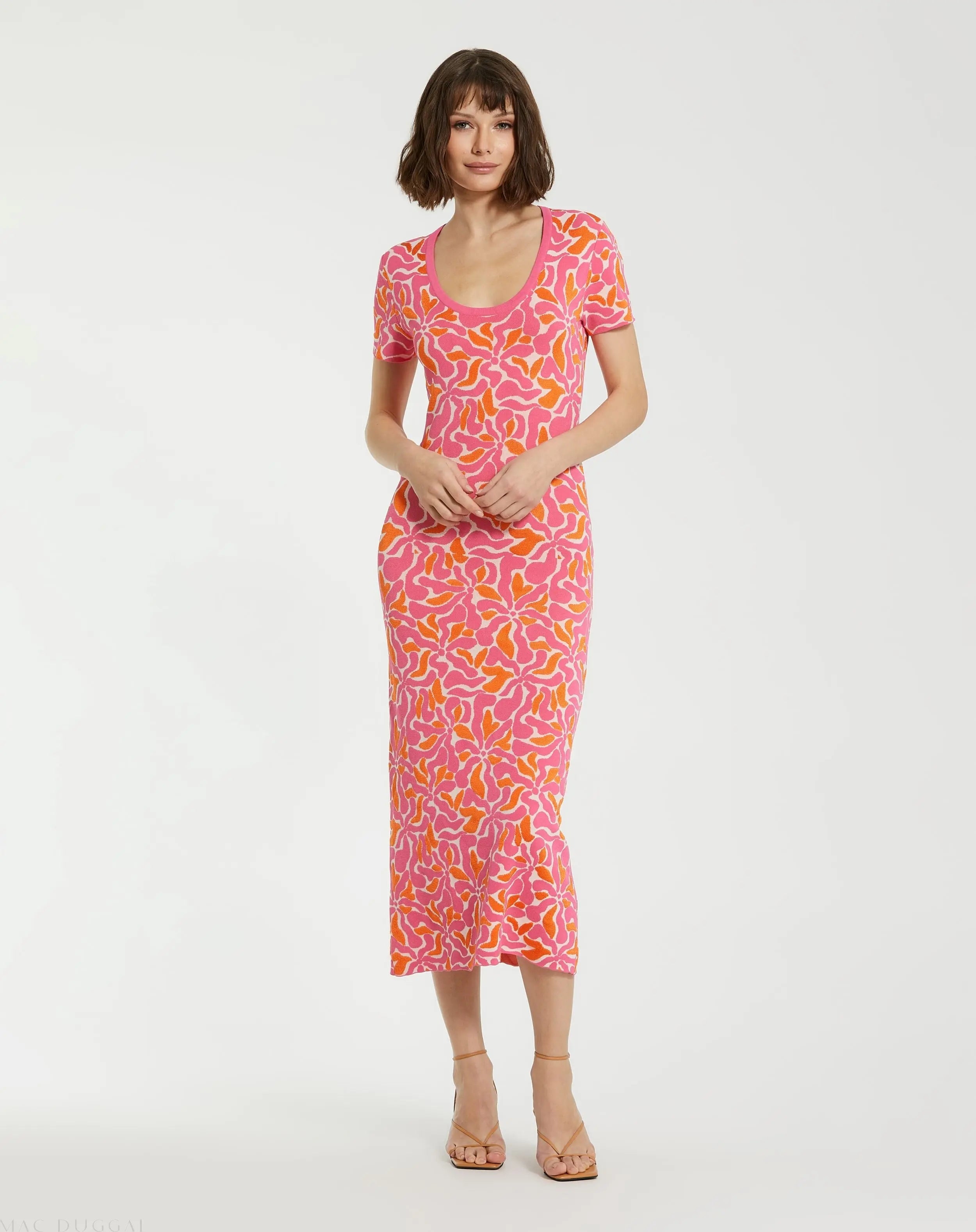 Short Sleeve Scoop Neck Floral Knit Maxi Dress - FINAL SALE - Mac Duggal