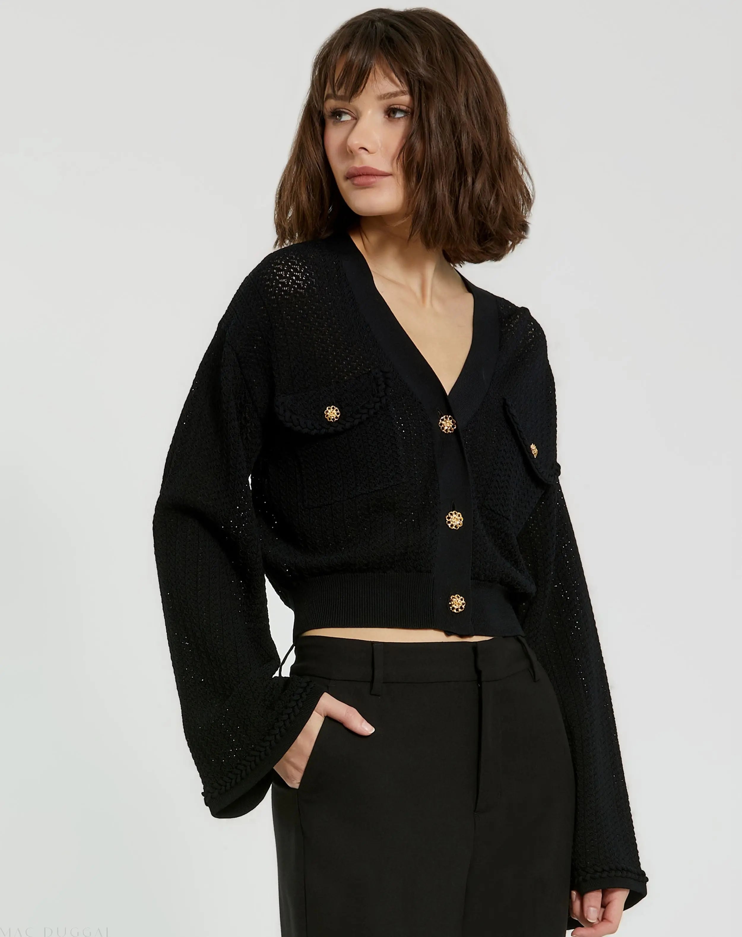 Black Crochet Knit Flare Long Sleeve Gold Button Cropped Cardigan - Mac Duggal