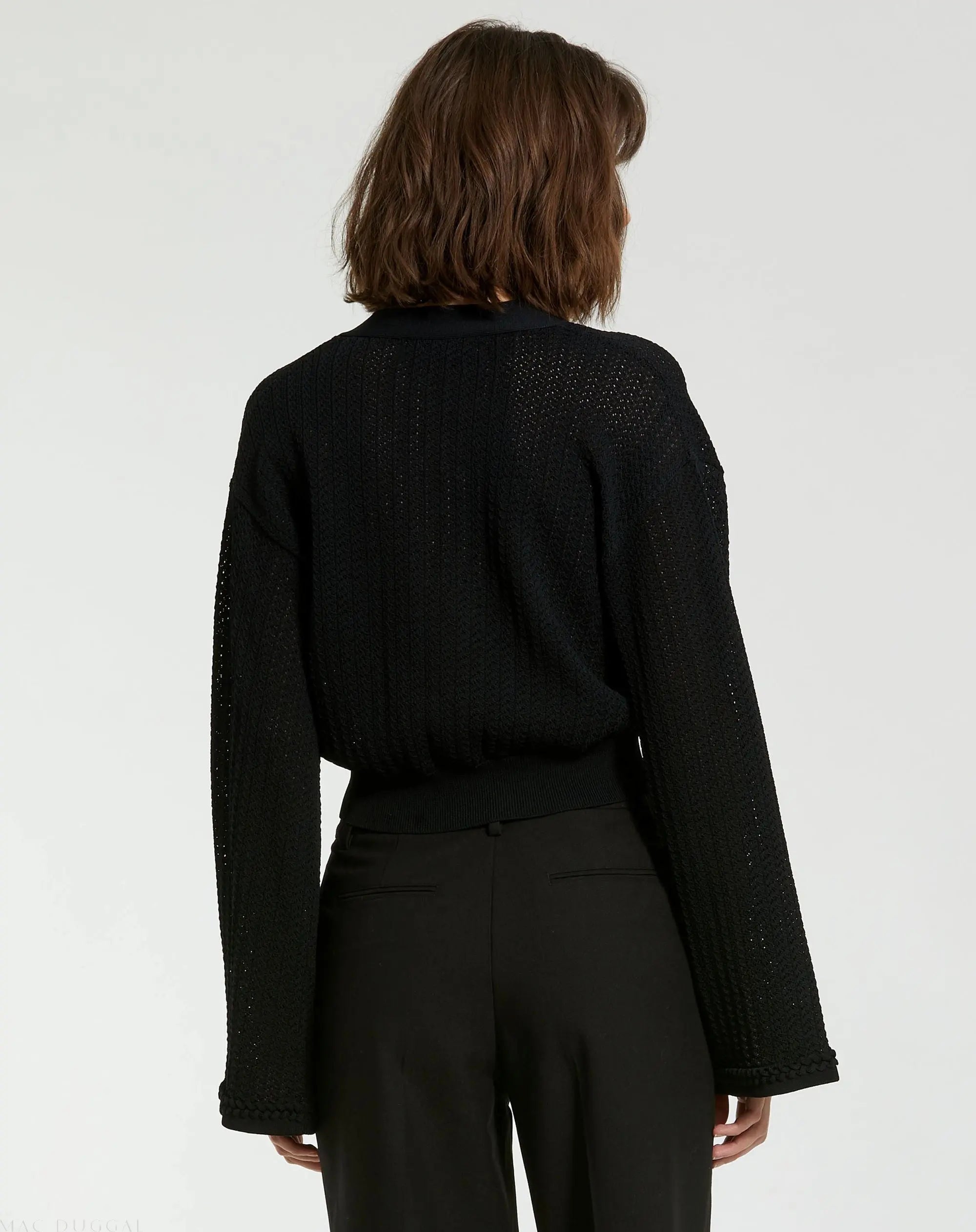 Black Crochet Knit Flare Long Sleeve Gold Button Cropped Cardigan - Mac Duggal