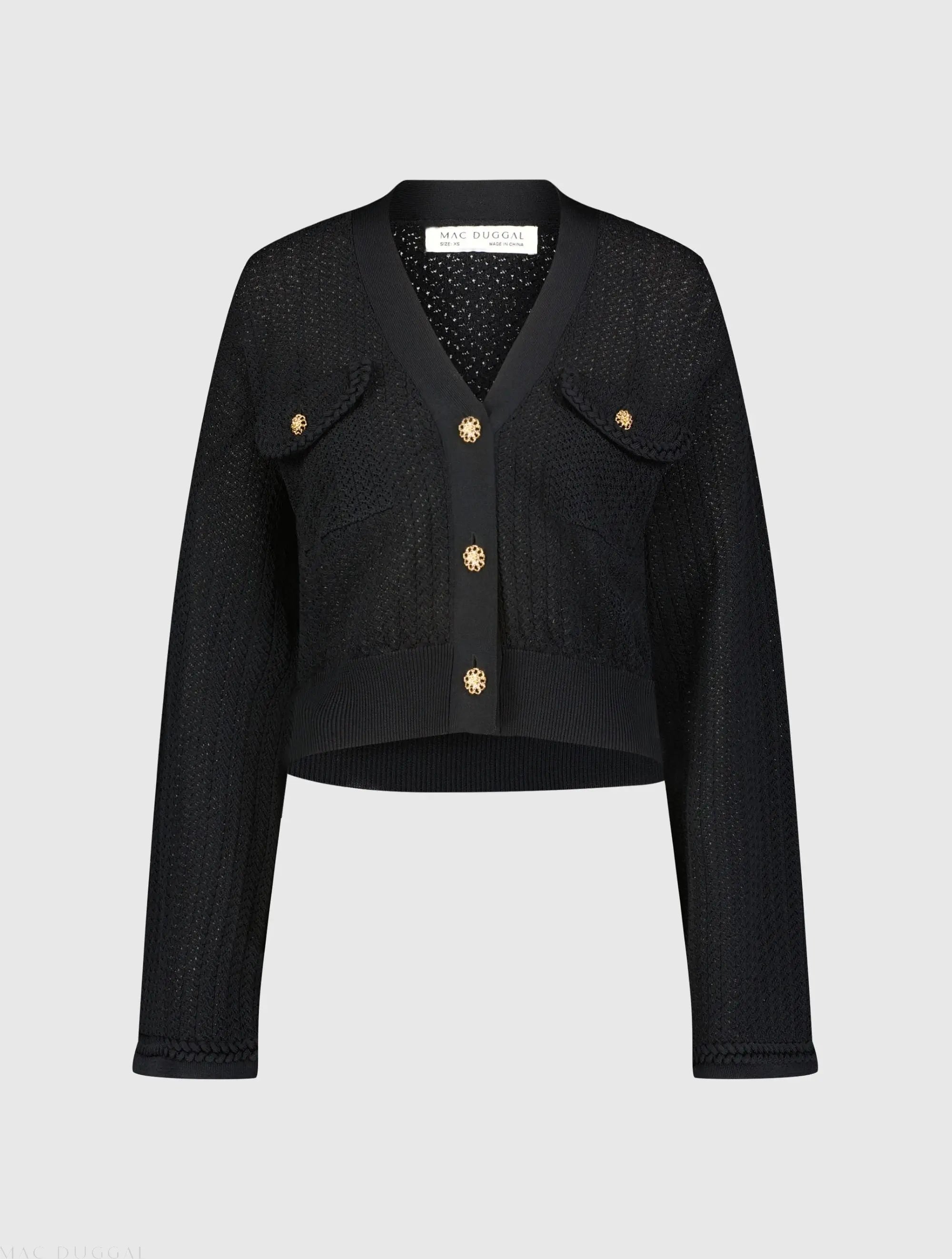 Black Crochet Knit Flare Long Sleeve Gold Button Cropped Cardigan - Mac Duggal