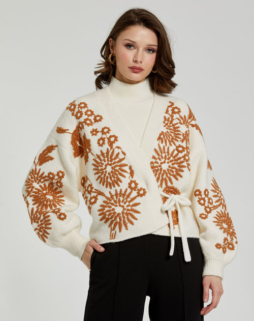 Cropped Knit Cardigan With Floral Details