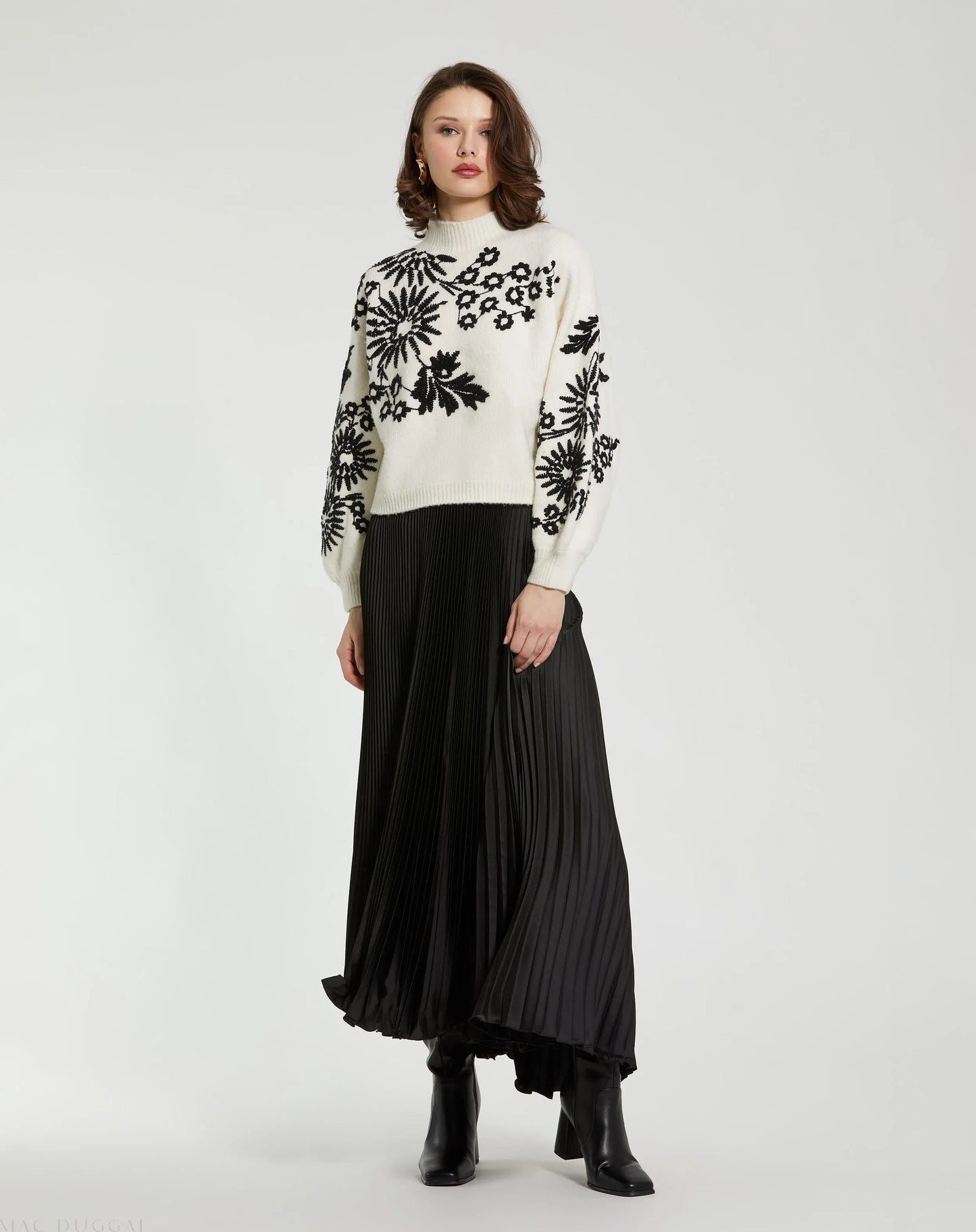 White Balloon Sleeve Cropped Mock Neck Knit Sweater - Mac Duggal