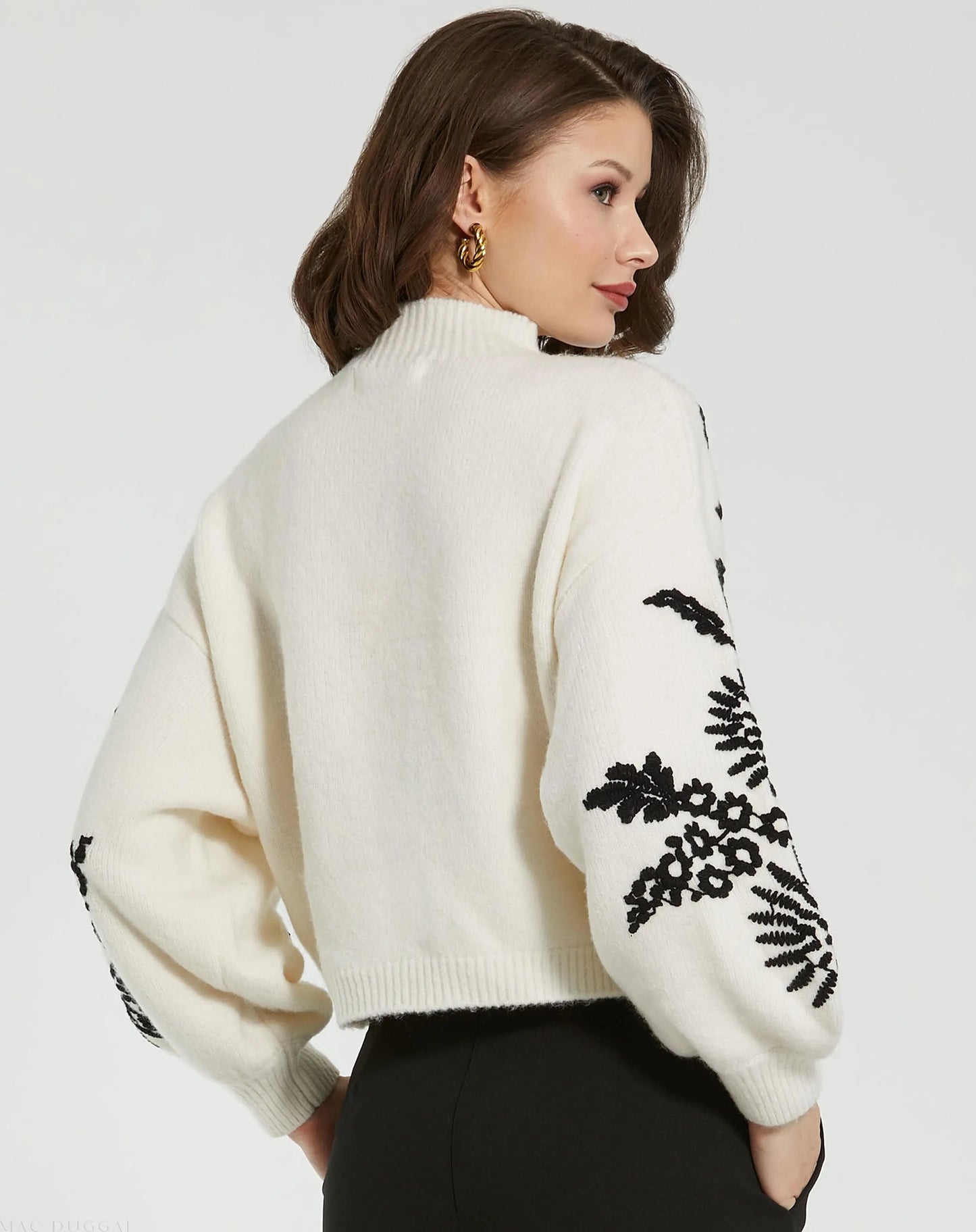White Balloon Sleeve Cropped Mock Neck Knit Sweater - Mac Duggal