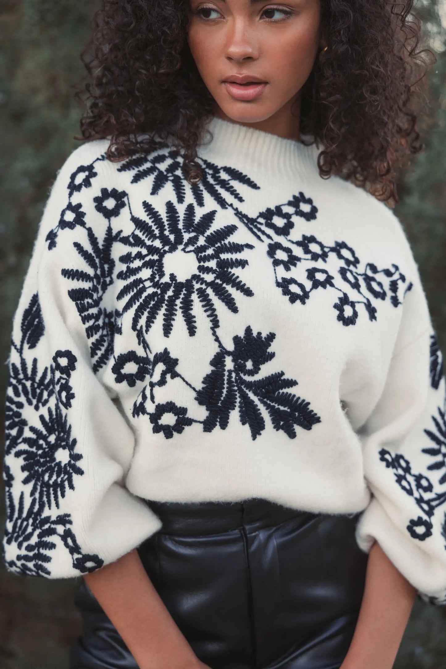 White Balloon Sleeve Cropped Mock Neck Knit Sweater - Mac Duggal