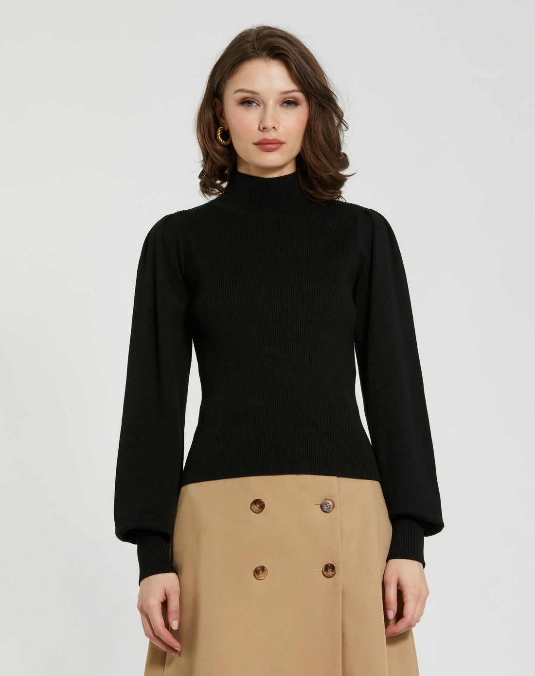 Ribbed Knit Balloon Sleeve Turtle Neck Sweater