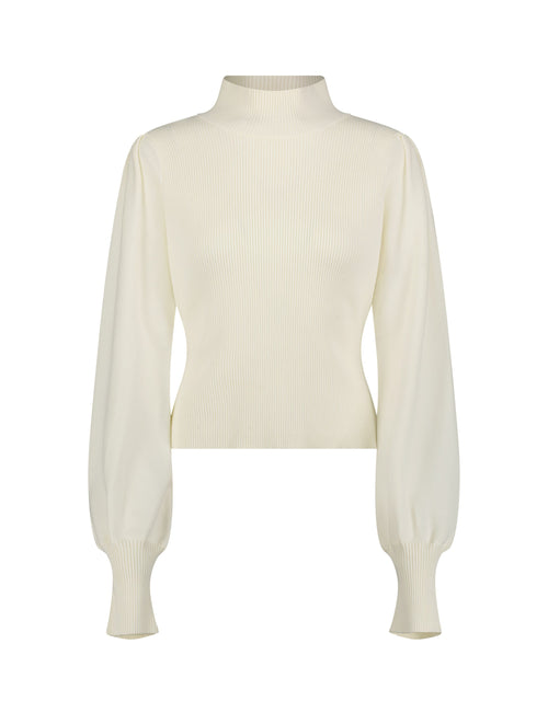 Ivory Ribbed Knit Balloon Sleeve Turtle Neck Sweater