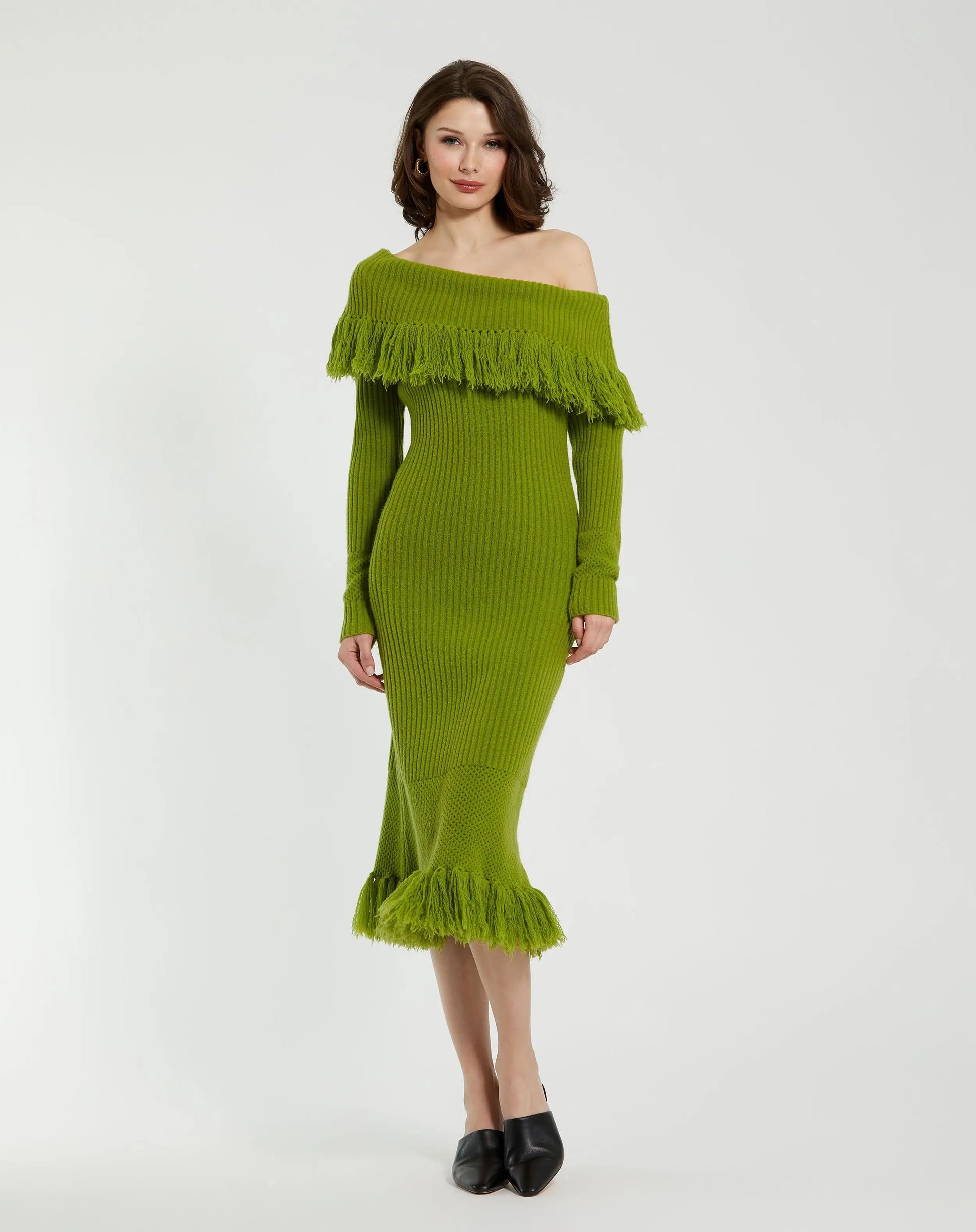 Green Off The Shoulder Fringe Long Sleeve Knit Dress - Mac Duggal Green Off The Shoulder Fringe Long Sleeve Knit Dress - Mac Duggal