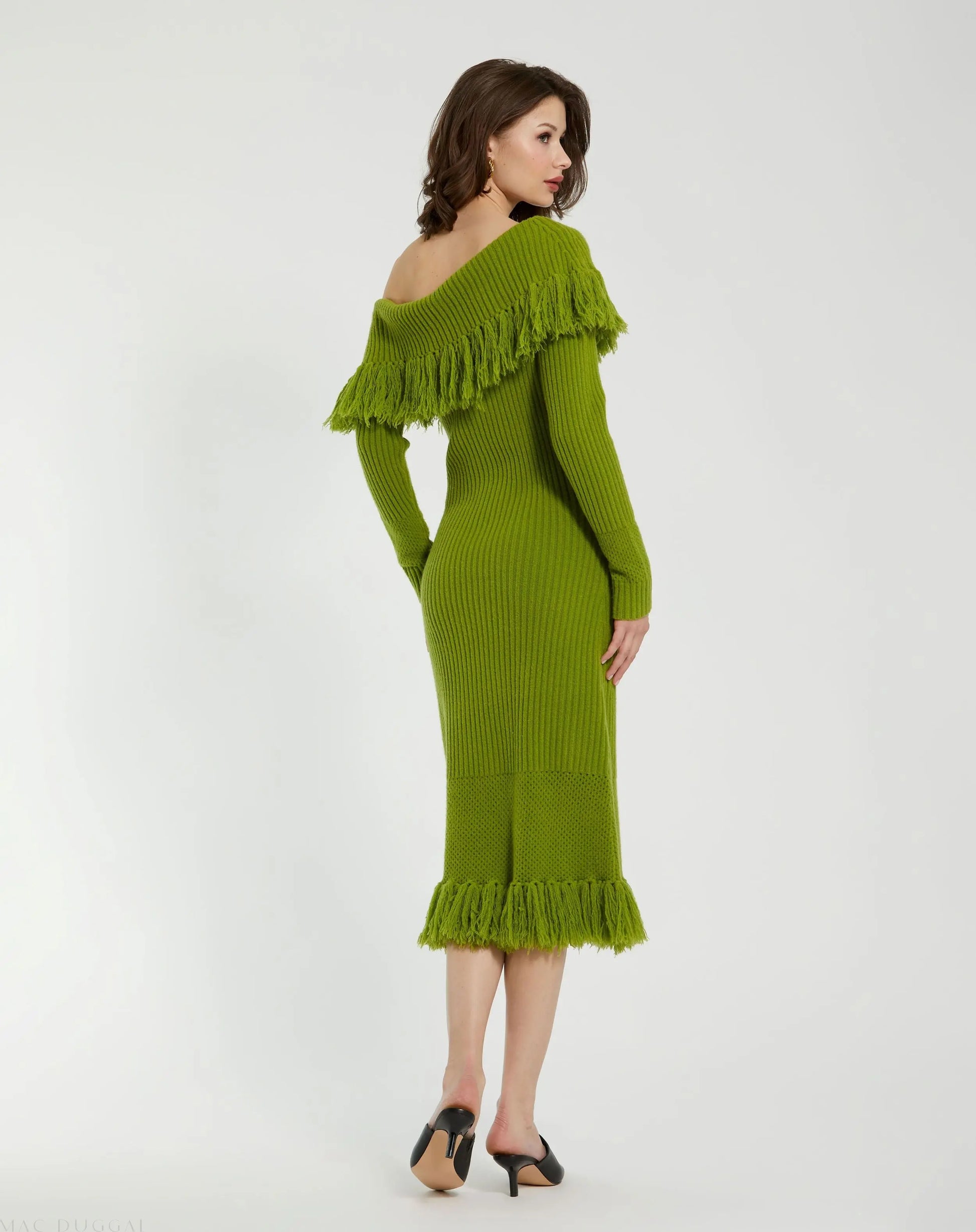 Green Off The Shoulder Fringe Long Sleeve Knit Dress - Mac Duggal Green Off The Shoulder Fringe Long Sleeve Knit Dress - Mac Duggal