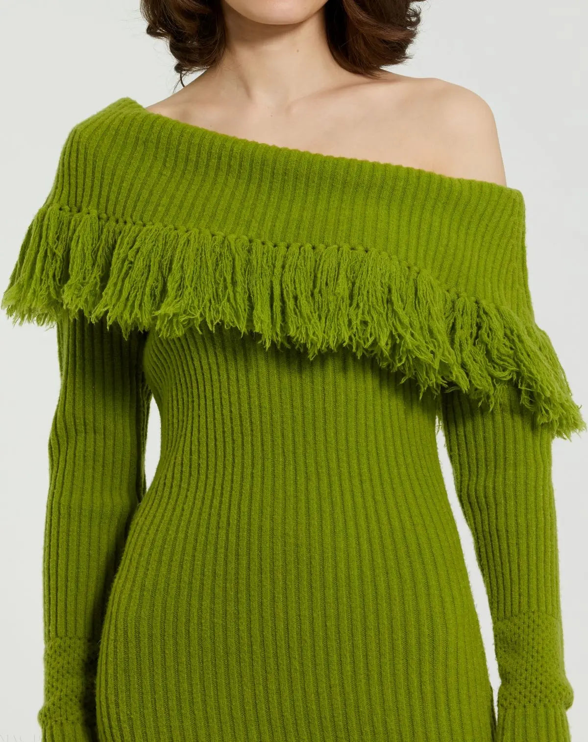 Green Off The Shoulder Fringe Long Sleeve Knit Dress - Mac Duggal Green Off The Shoulder Fringe Long Sleeve Knit Dress - Mac Duggal