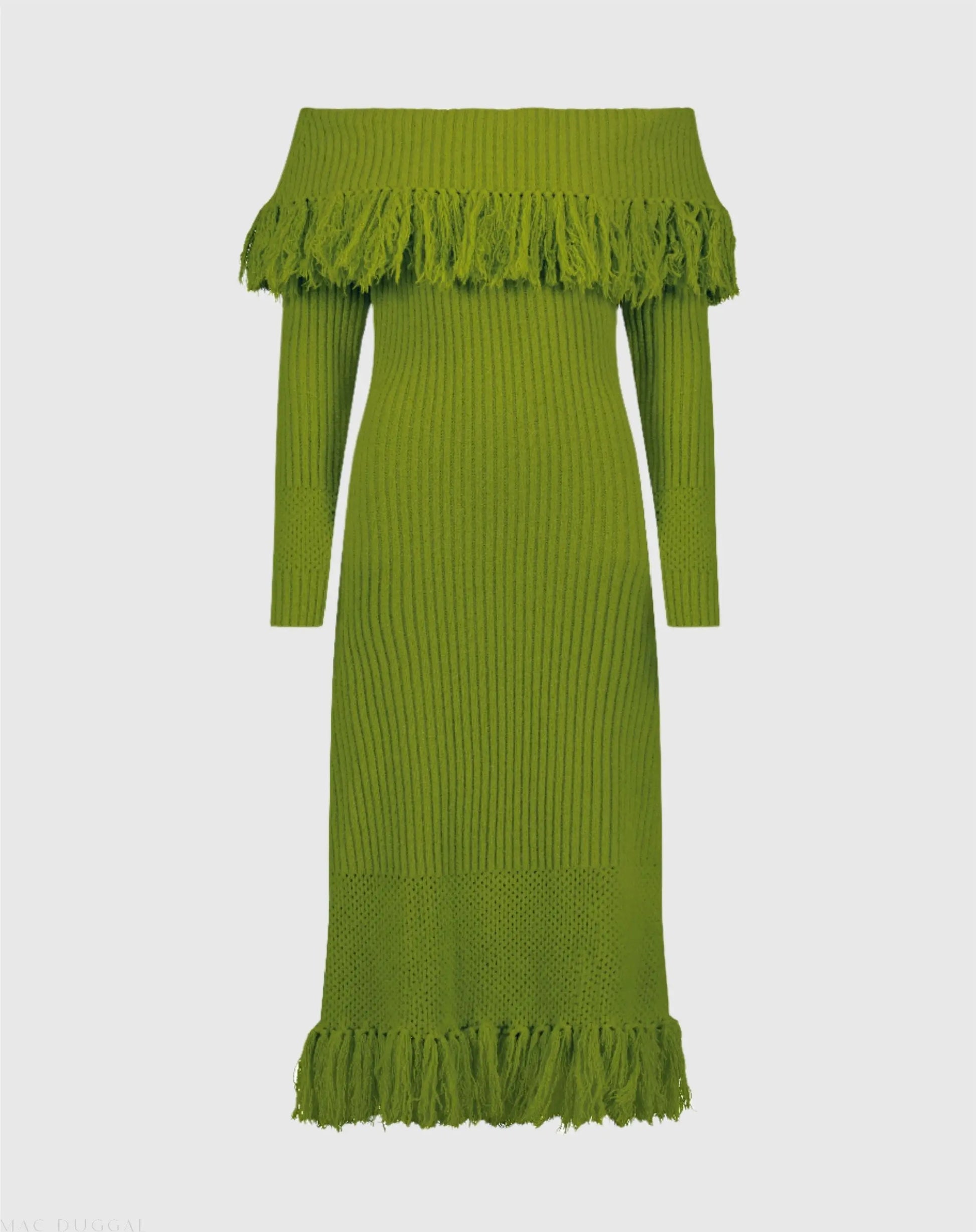 Green Off The Shoulder Fringe Long Sleeve Knit Dress - Mac Duggal Green Off The Shoulder Fringe Long Sleeve Knit Dress - Mac Duggal