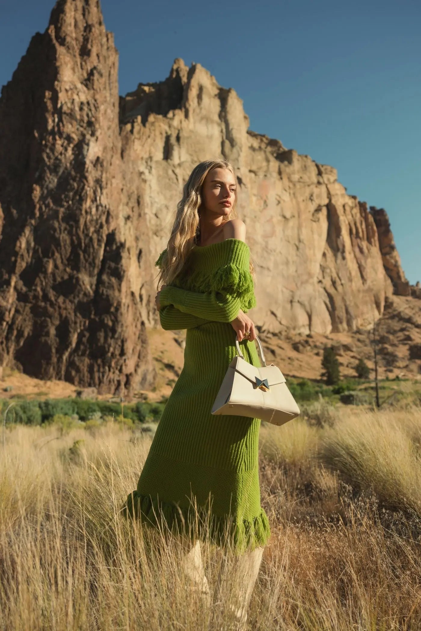 Green Off The Shoulder Fringe Long Sleeve Knit Dress - Mac Duggal