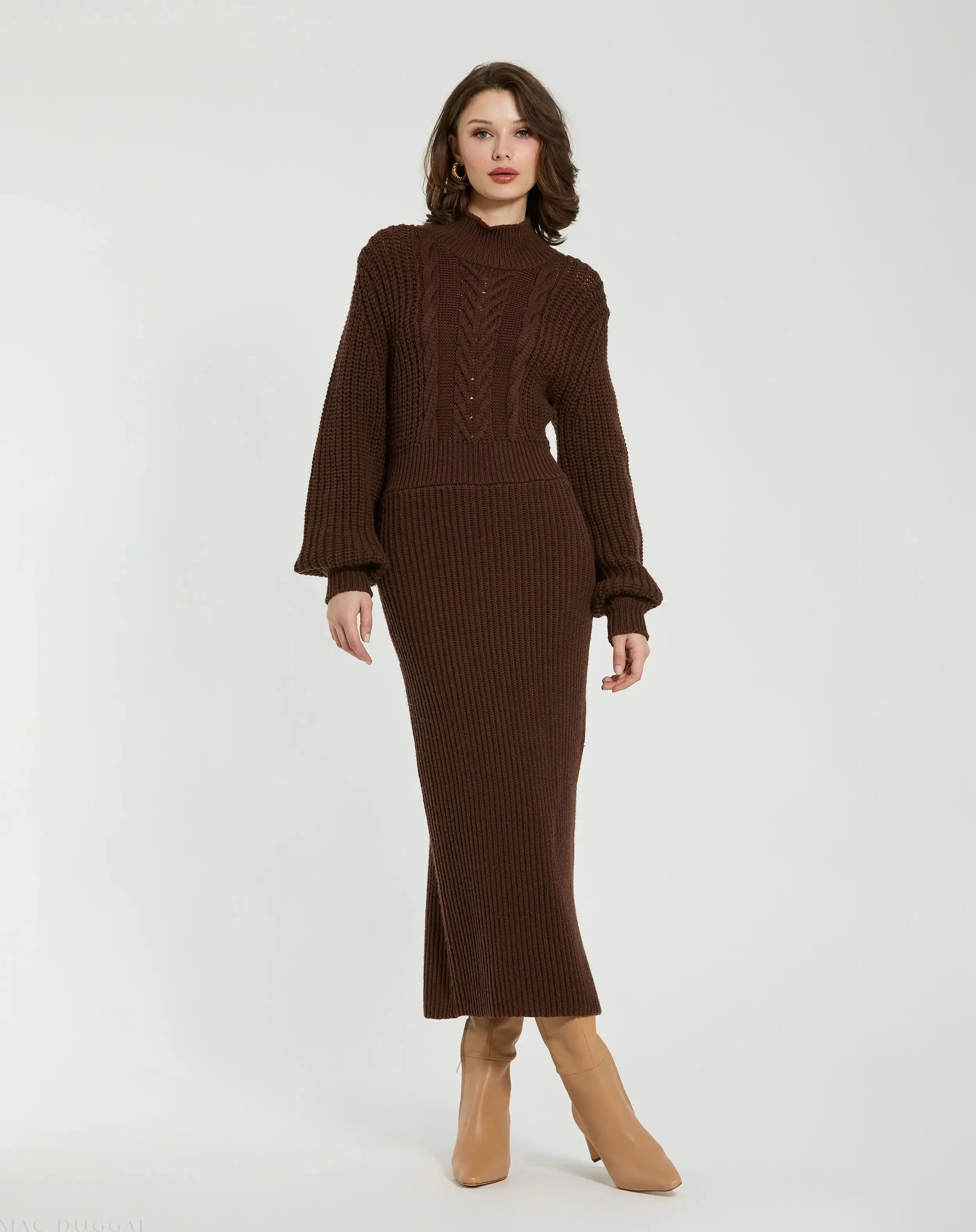 Brown Long Sleeve Turtle Neck Knit Midi Dress - Mac Duggal
