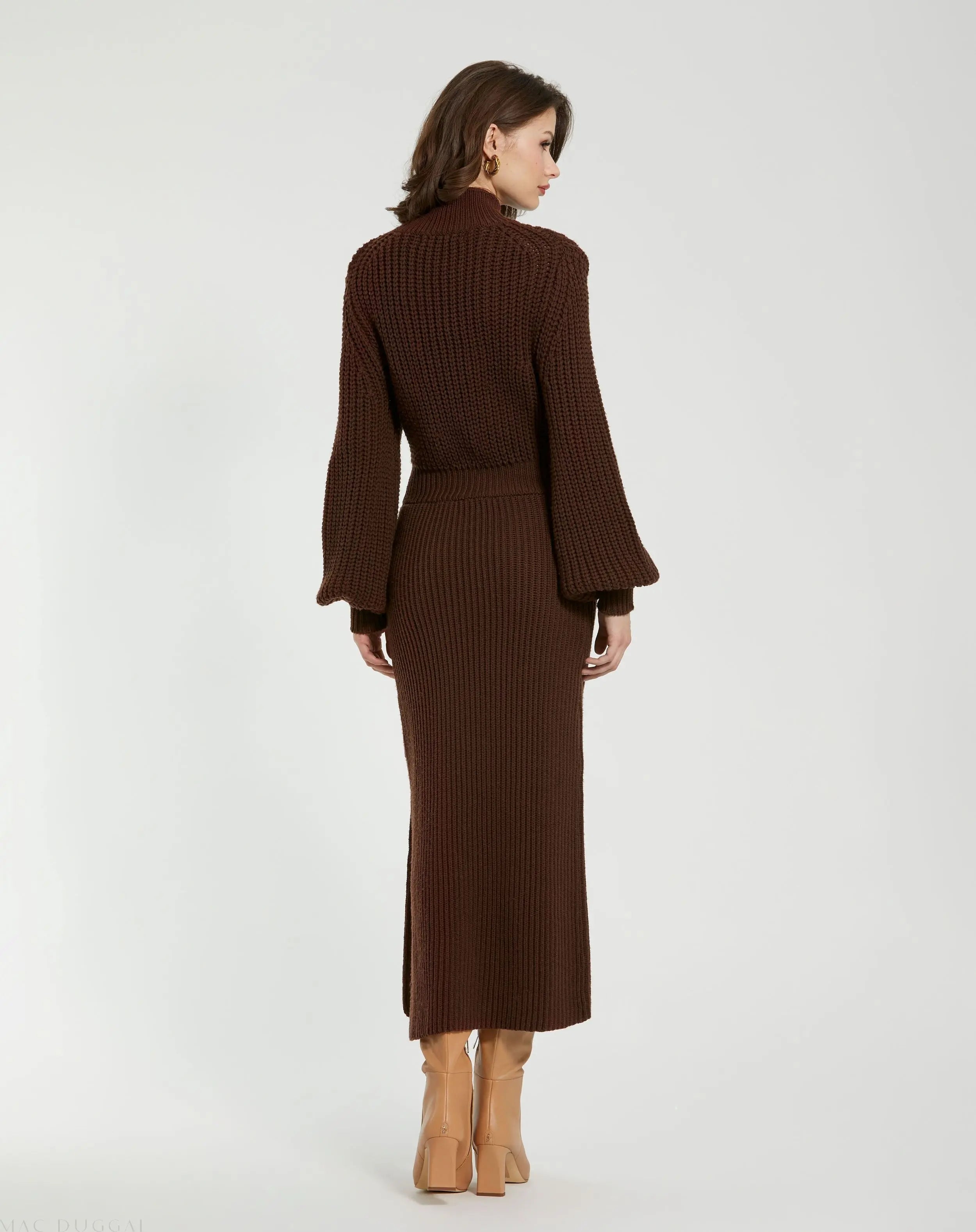 Brown Long Sleeve Turtle Neck Knit Midi Dress - Mac Duggal
