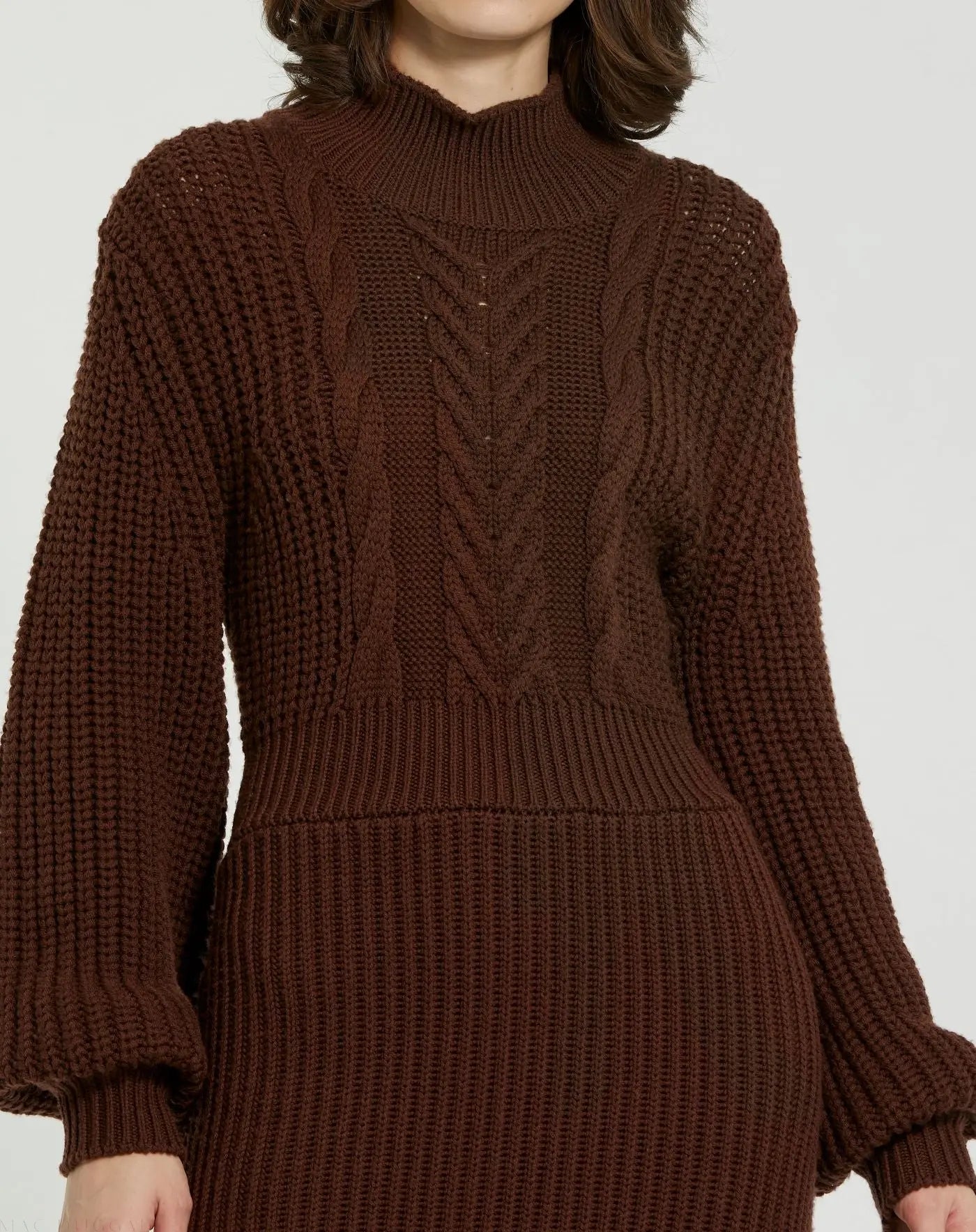 Brown Long Sleeve Turtle Neck Knit Midi Dress - Mac Duggal