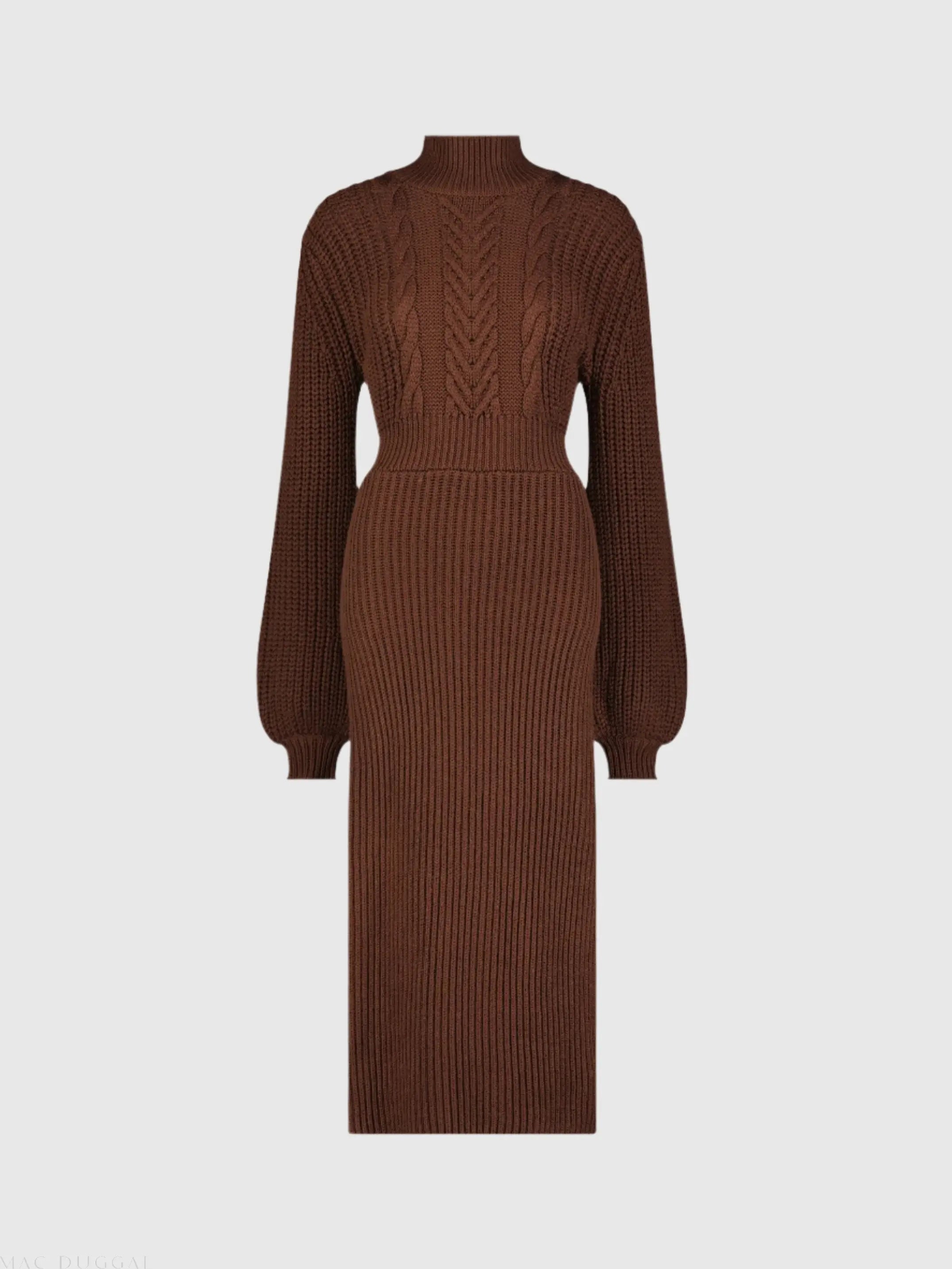 Brown Long Sleeve Turtle Neck Knit Midi Dress - Mac Duggal
